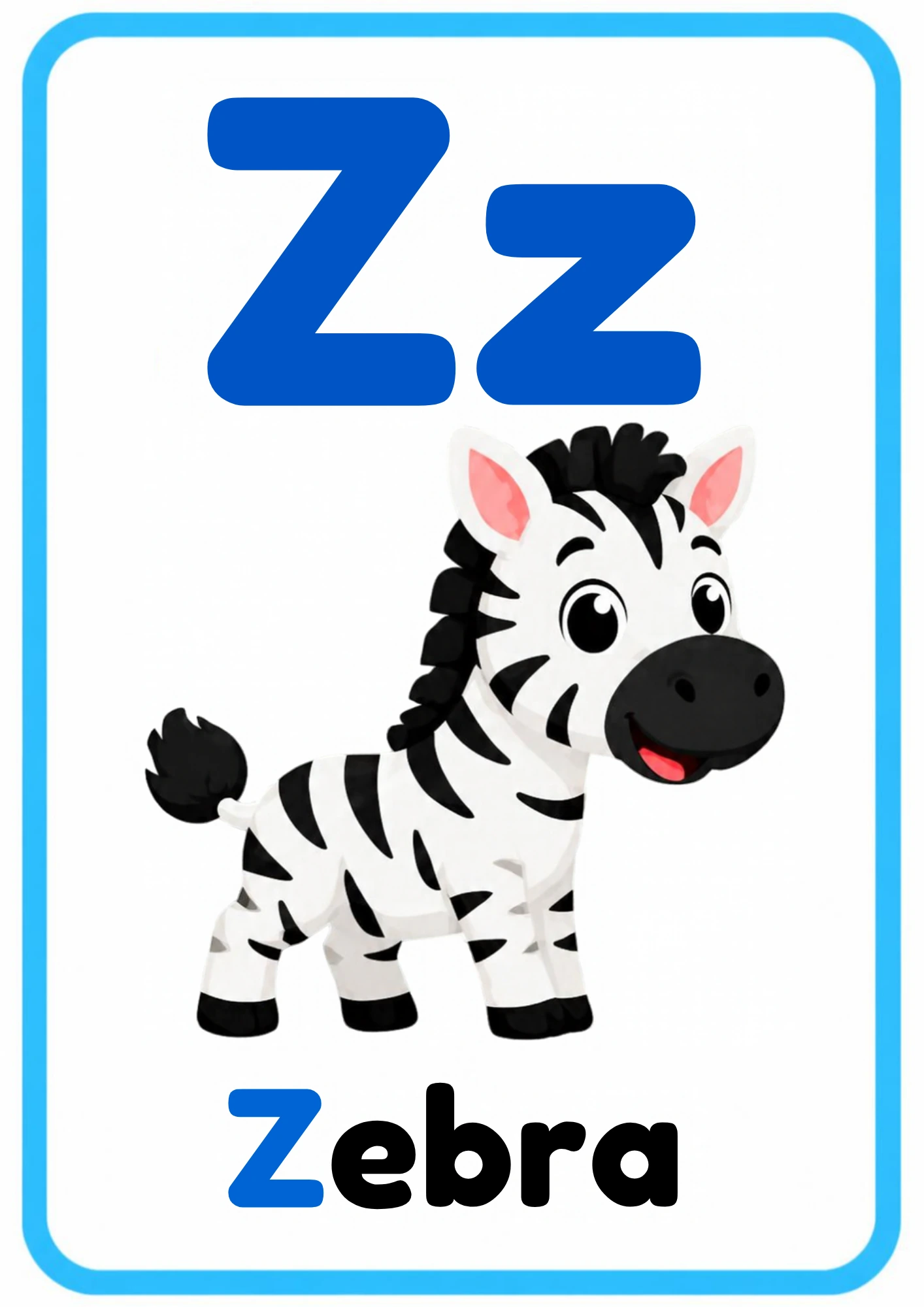 Alphabet flashcard for the letter Z: big uppercase Z and lowercase z, a friendly cartoon zebra and the word Zebra, from the Kiddo School alphabet set