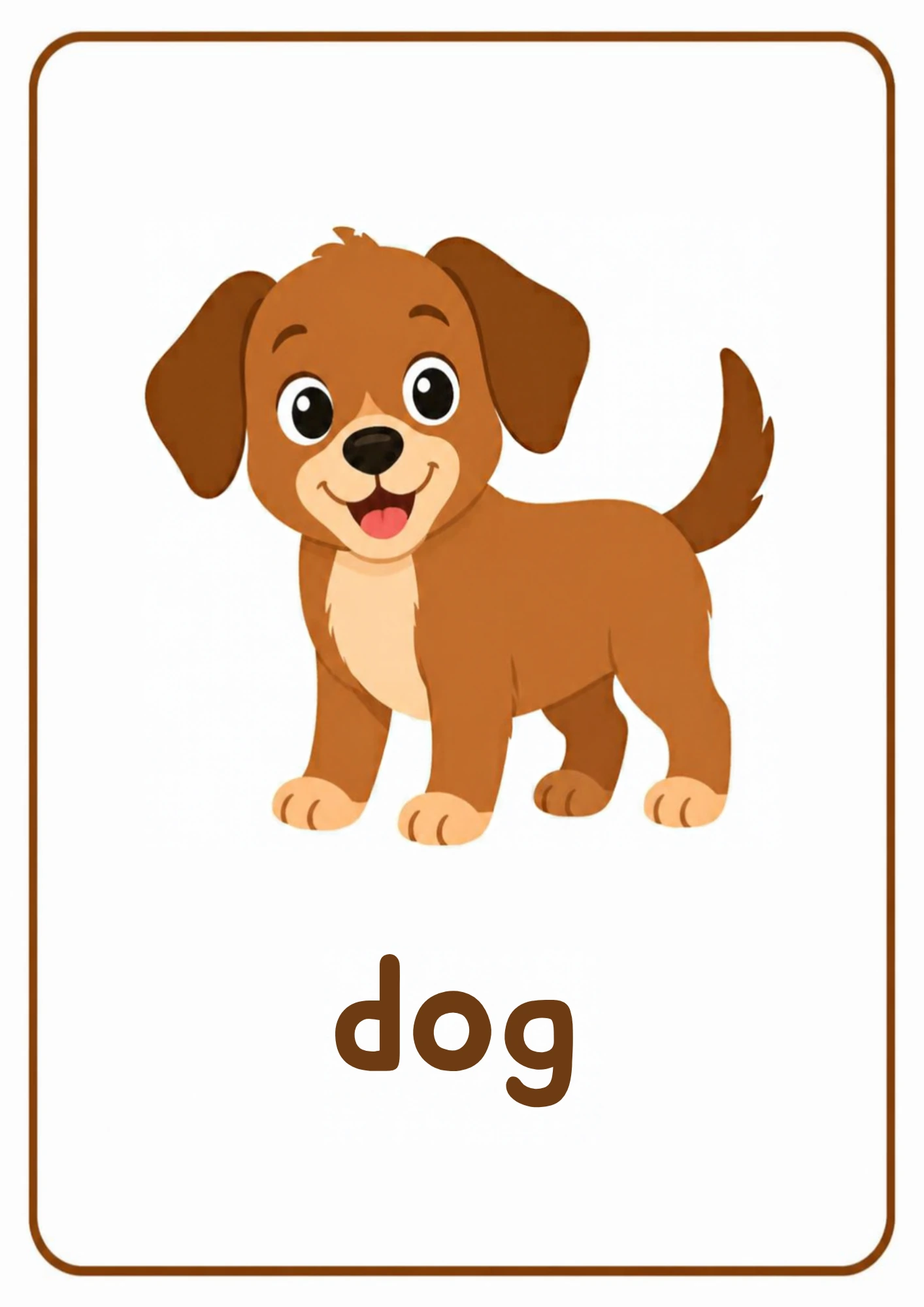 Dog animal flashcard: a happy brown puppy with the word dog, from the Kiddo School animals and their sounds set