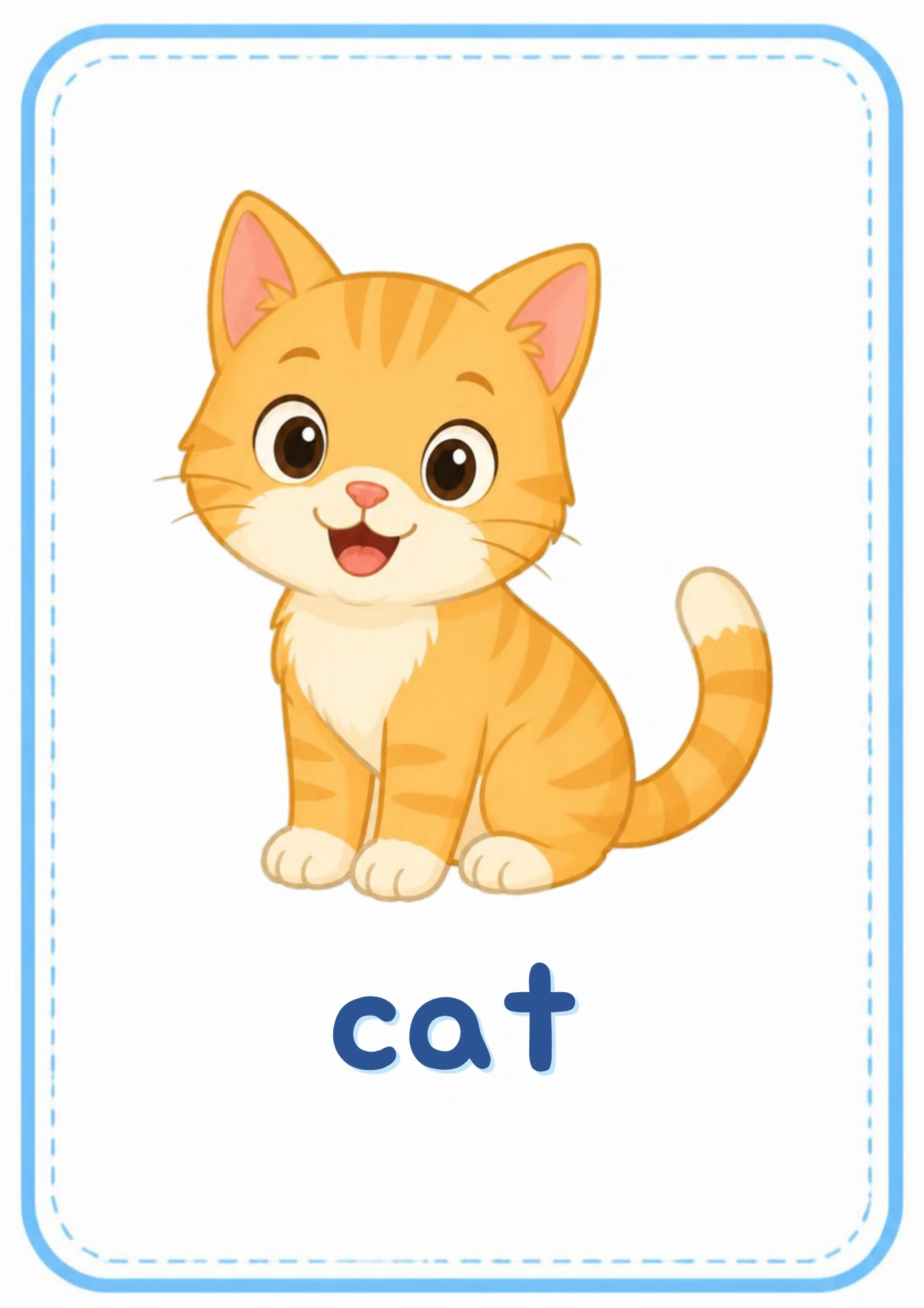 Cat animal flashcard: an orange kitten sitting up with the word cat, from the Kiddo School animals and their sounds set