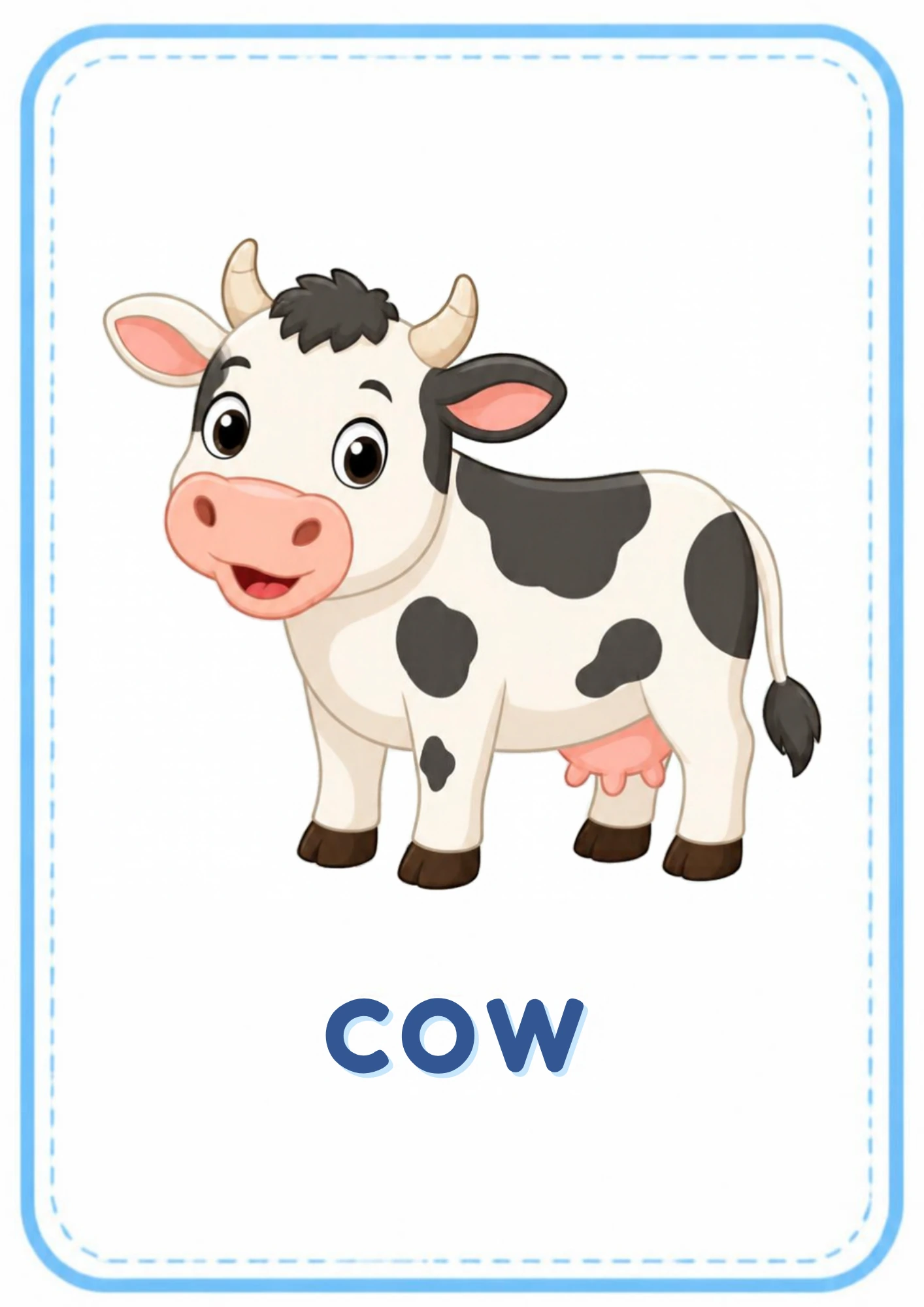 Cow animal flashcard: a black and white spotted cow with the word cow, from the Kiddo School animals and their sounds set