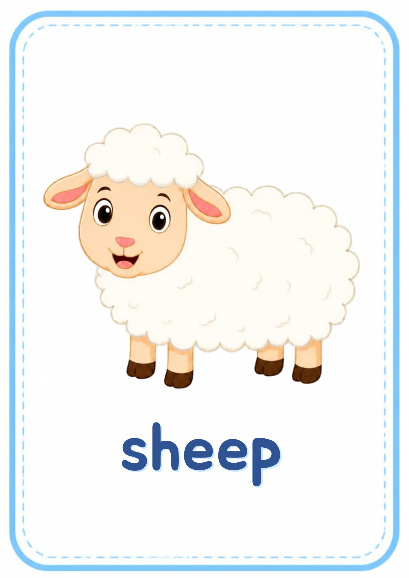 Sheep animal flashcard: a fluffy white sheep with the word sheep, from the Kiddo School animals and their sounds set