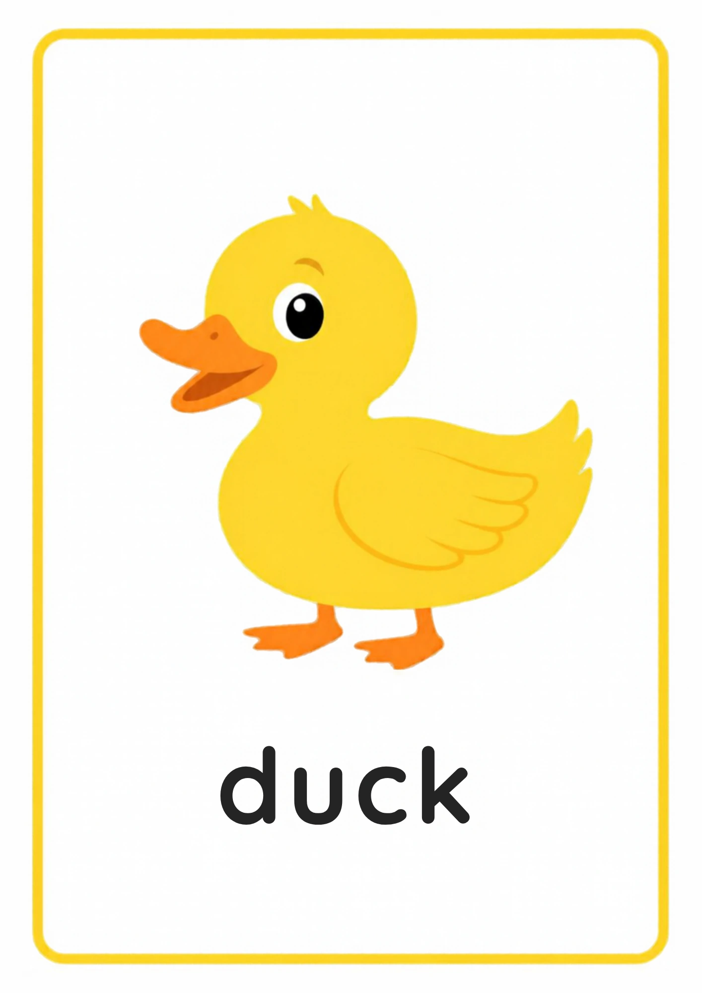 Duck animal flashcard: a yellow duckling with the word duck, from the Kiddo School animals and their sounds set