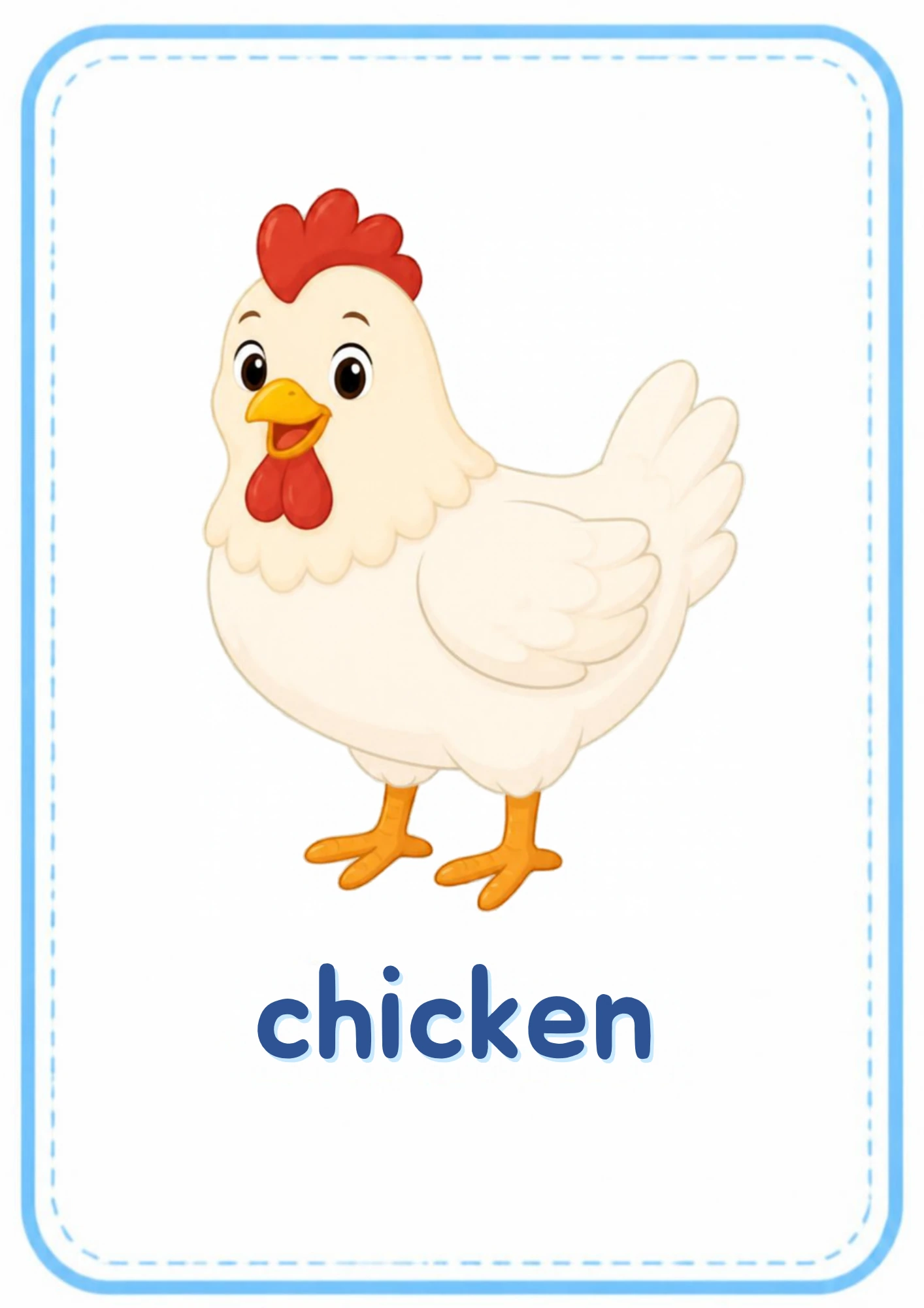 Chicken animal flashcard: a white hen with a red comb with the word chicken, from the Kiddo School animals and their sounds set