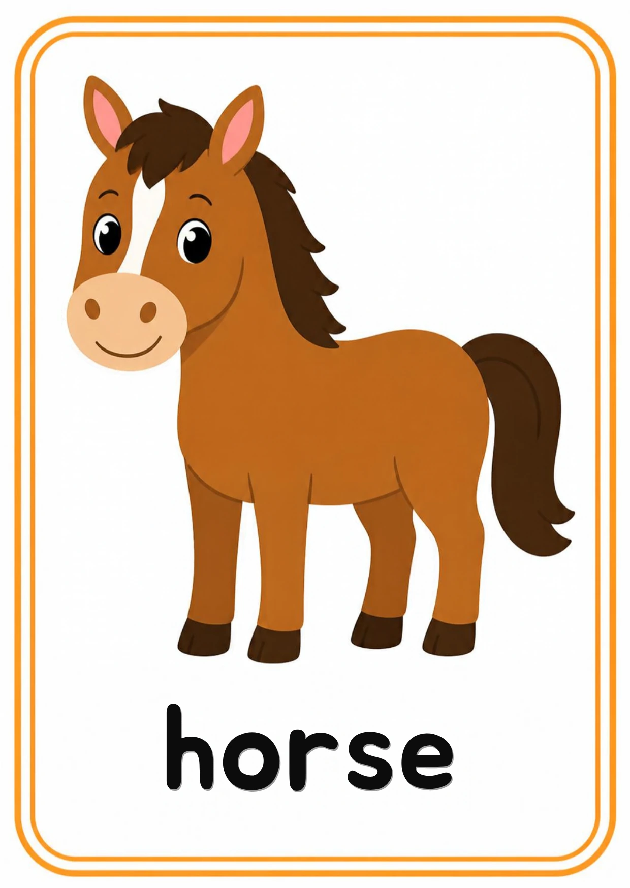 Horse animal flashcard: a brown horse standing tall with the word horse, from the Kiddo School animals and their sounds set