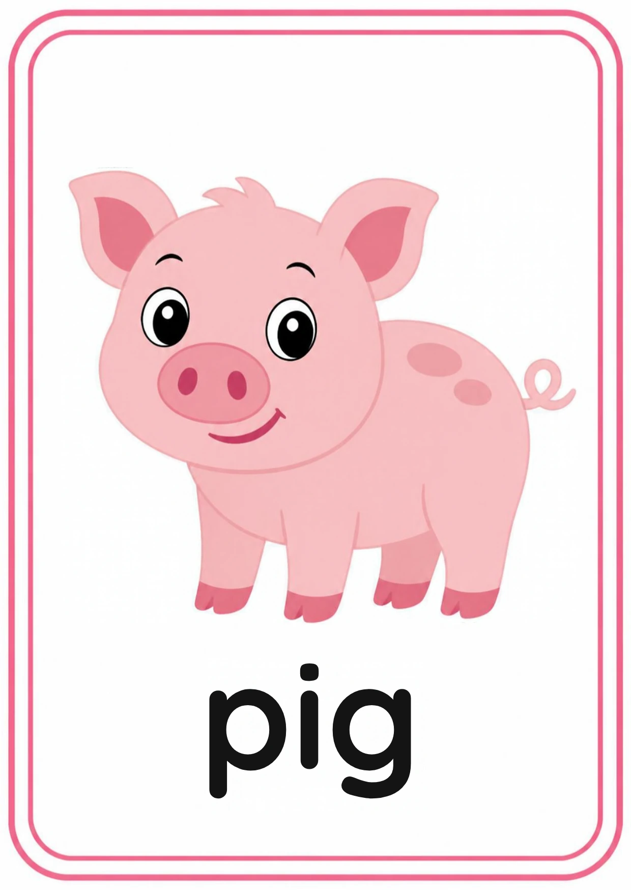 Pig animal flashcard: a smiling pink pig with the word pig, from the Kiddo School animals and their sounds set