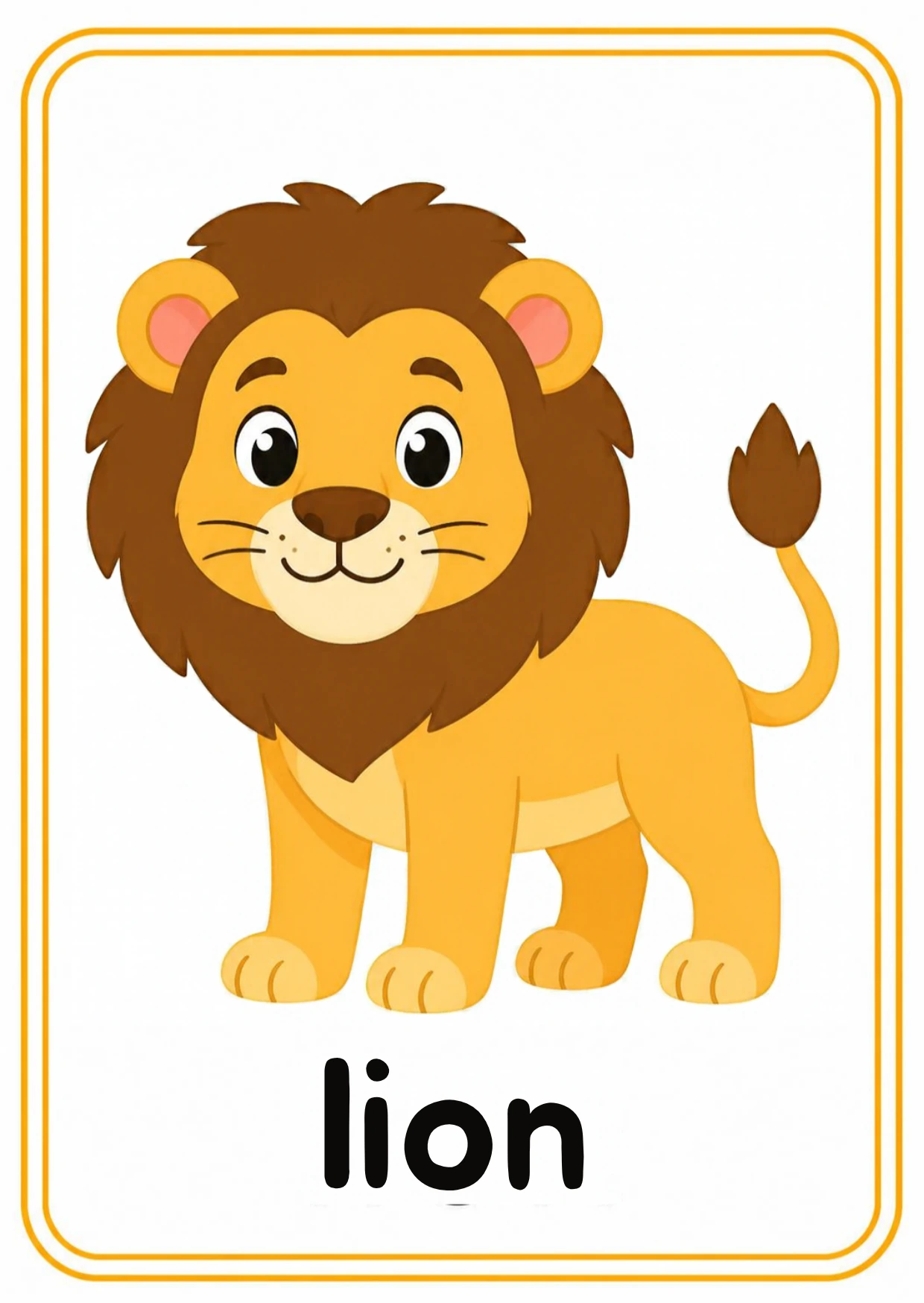 Lion animal flashcard: a friendly lion with a shaggy mane with the word lion, from the Kiddo School animals and their sounds set