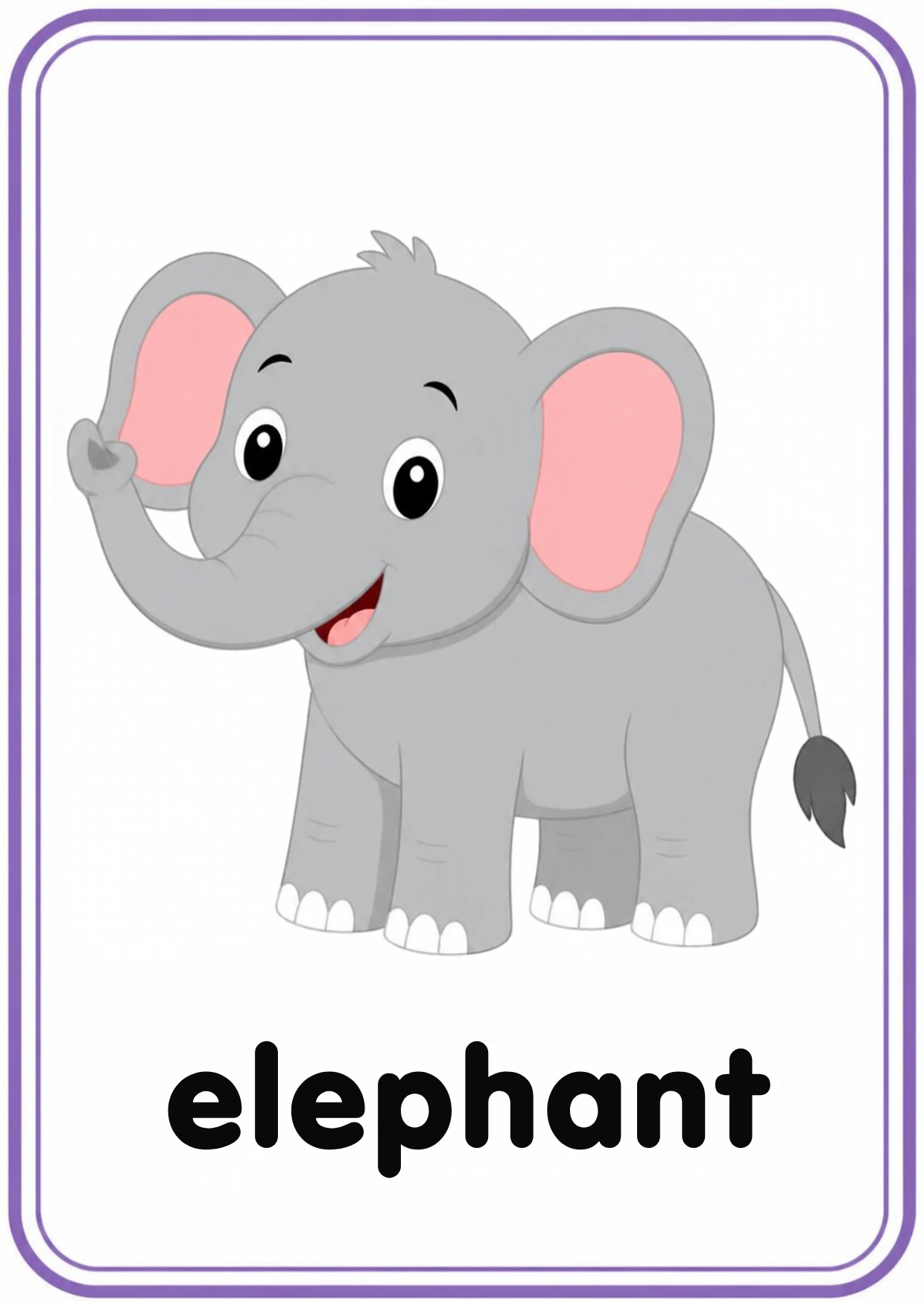 Elephant animal flashcard: a gray elephant with big ears with the word elephant, from the Kiddo School animals and their sounds set