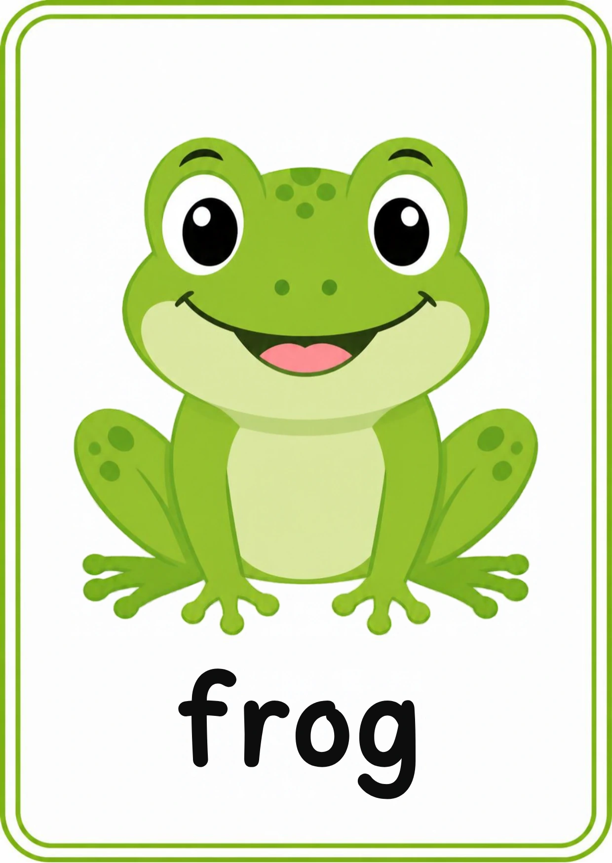 Frog animal flashcard: a green frog sitting on its front legs with the word frog, from the Kiddo School animals and their sounds set