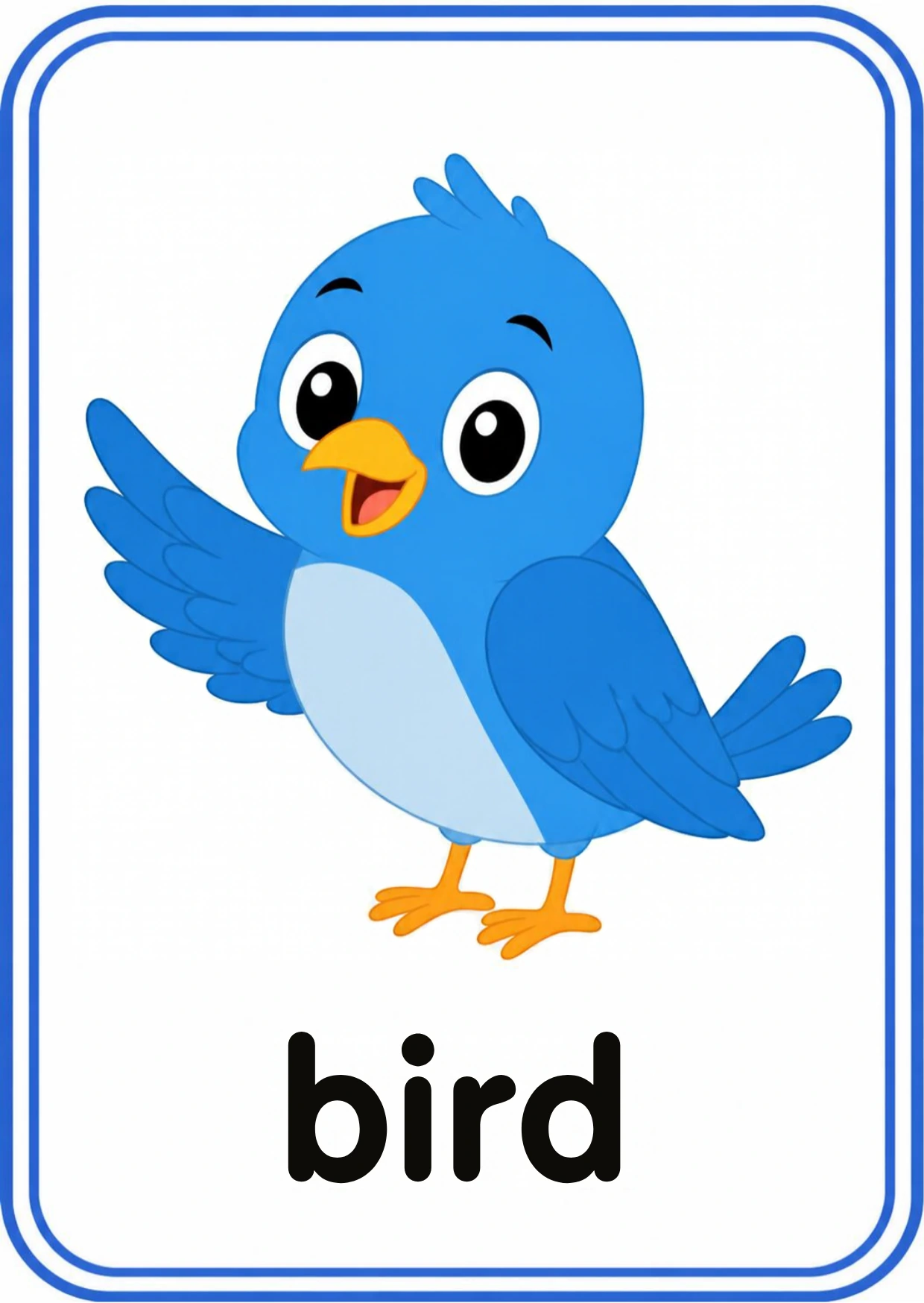 Bird animal flashcard: a little bluebird with one wing up with the word bird, from the Kiddo School animals and their sounds set