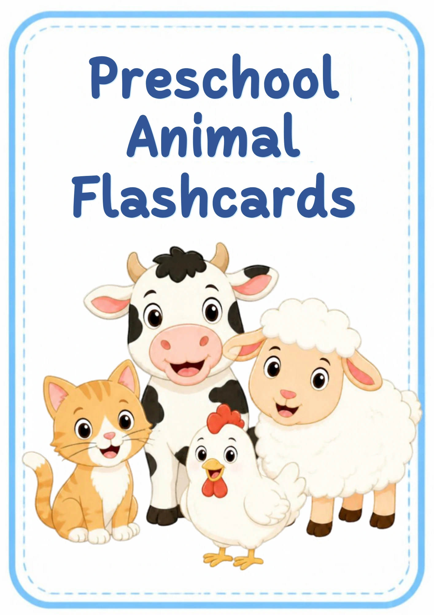 Cover of the Animals & Their Sounds flashcards set: a cow, a sheep, a cat, a chicken and a puppy under the words Preschool Animal Flashcards