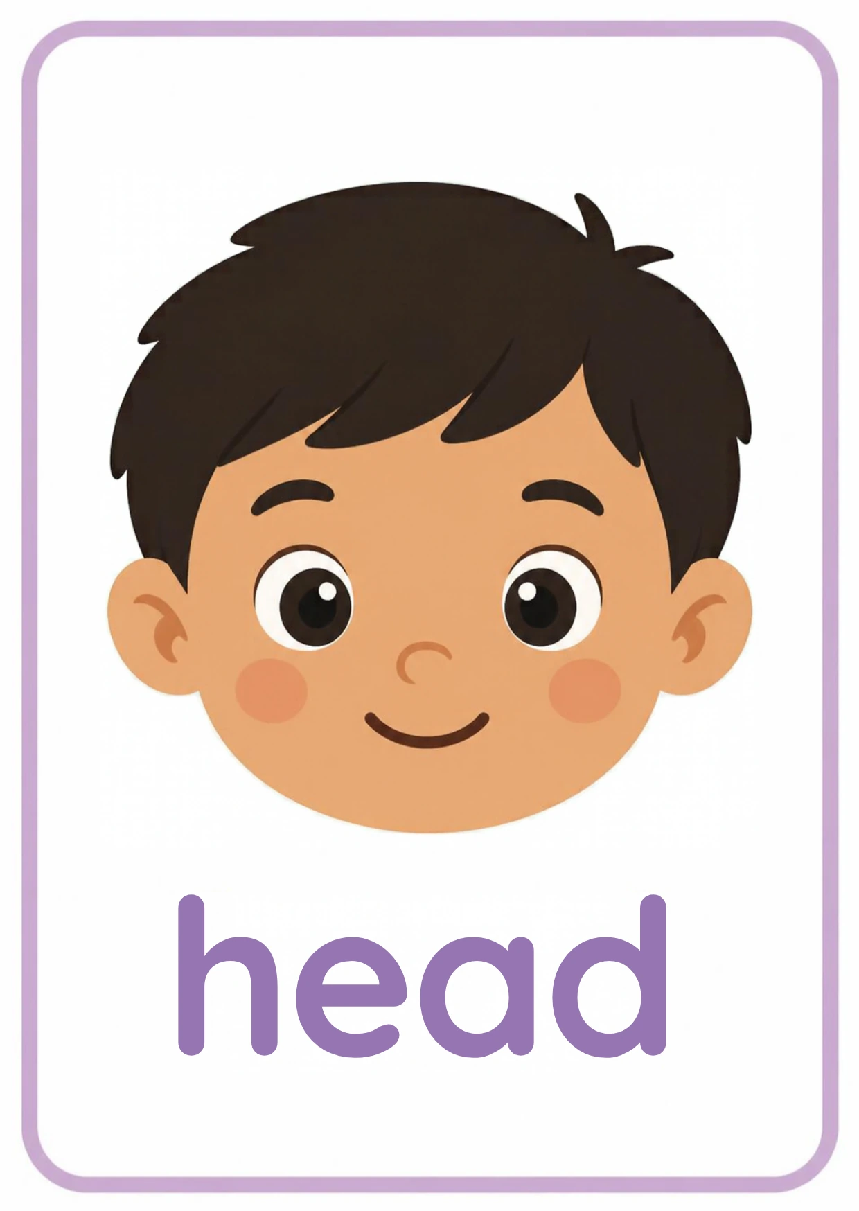 Body parts flashcard: a smiling boy’s face with dark hair and the word head, from the Kiddo School body parts and five senses set