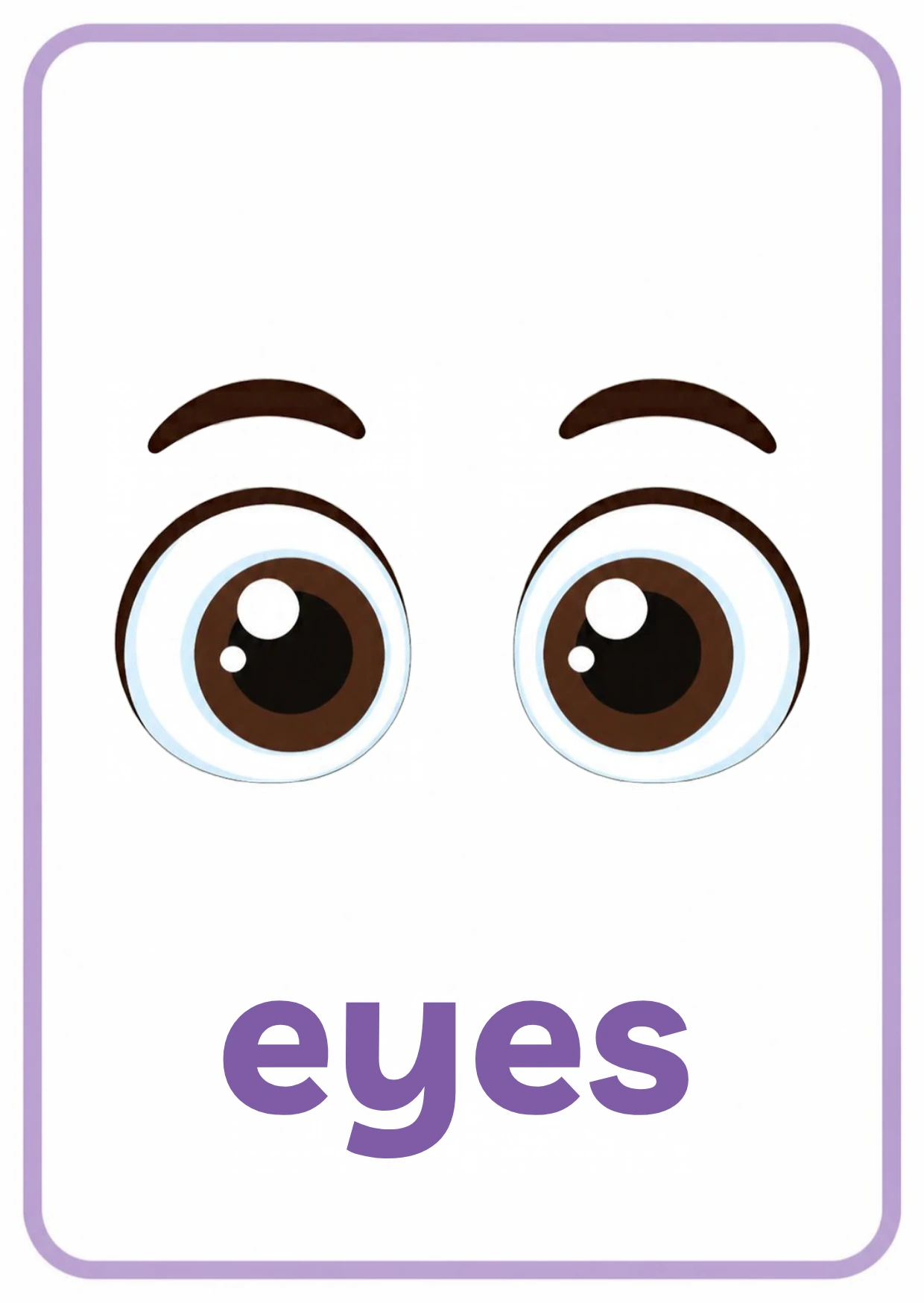 Body parts flashcard: a close-up pair of brown eyes with the word eyes, from the Kiddo School body parts and five senses set