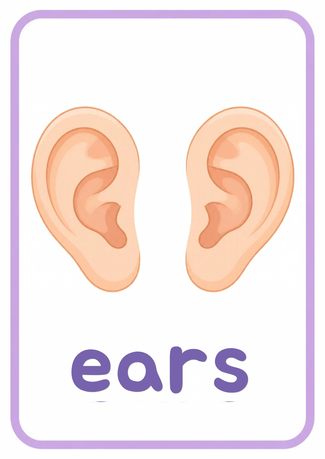 Body parts flashcard: a pair of ears with the word ears, from the Kiddo School body parts and five senses set