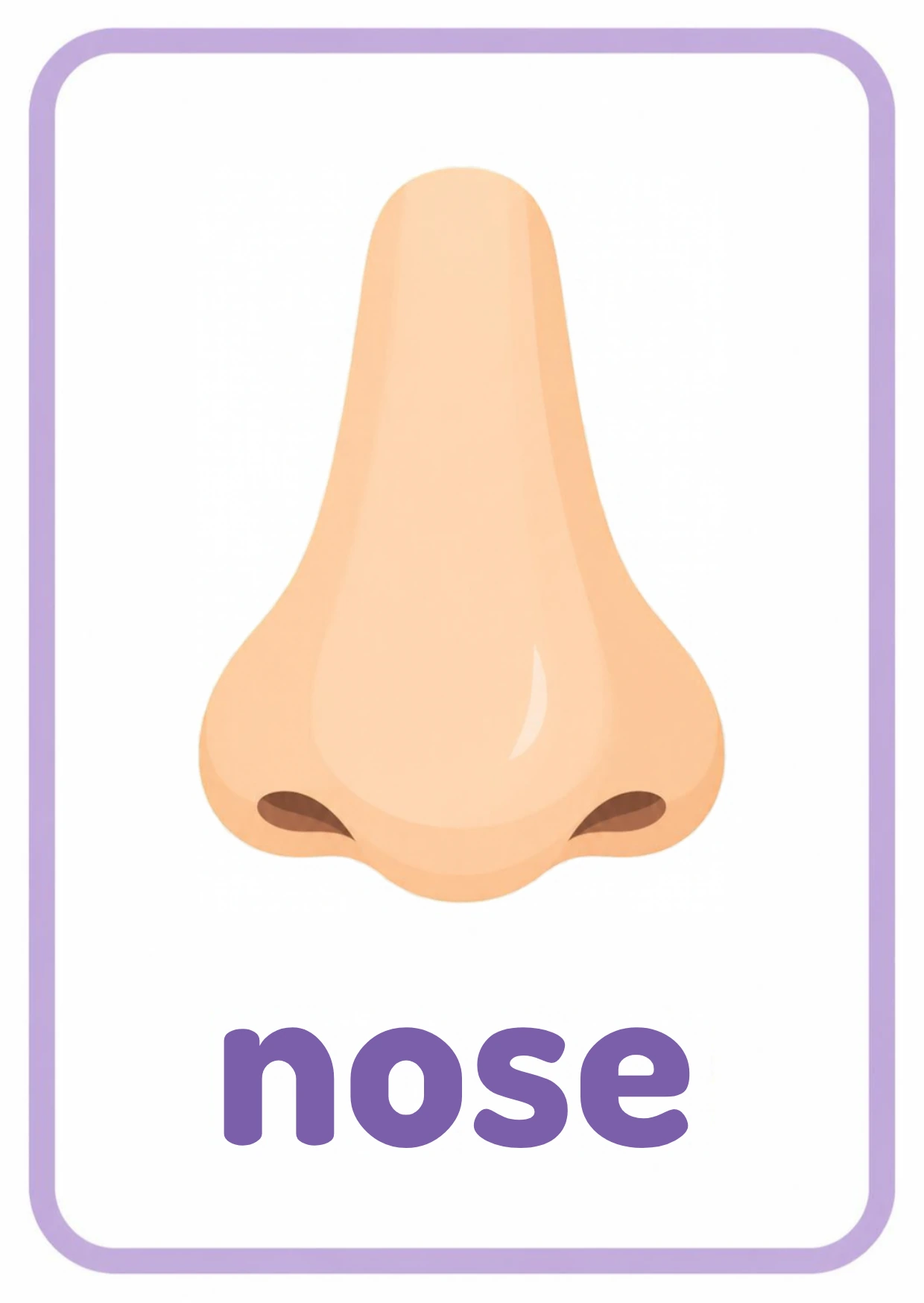 Body parts flashcard: a little nose with the word nose, from the Kiddo School body parts and five senses set