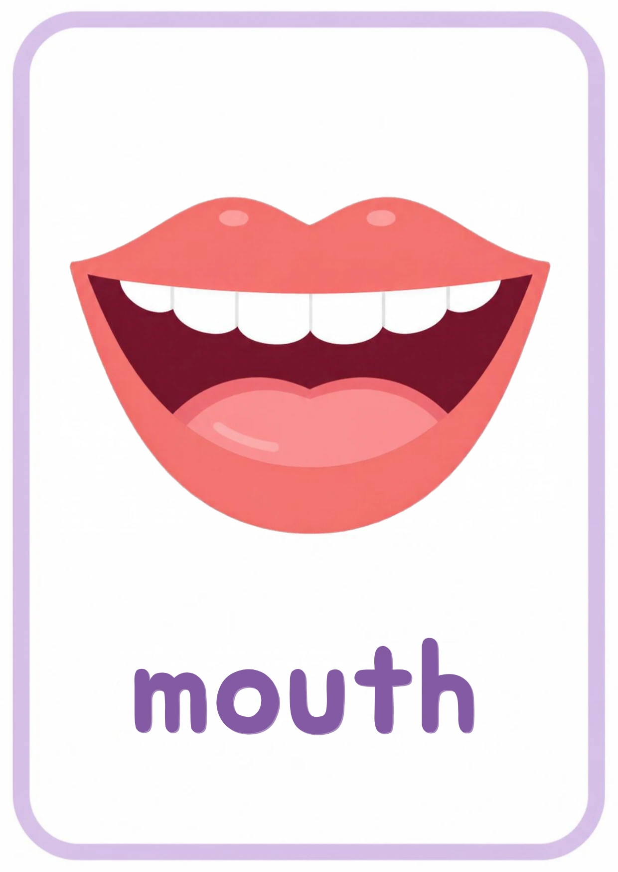 Body parts flashcard: a smiling open mouth with the word mouth, from the Kiddo School body parts and five senses set