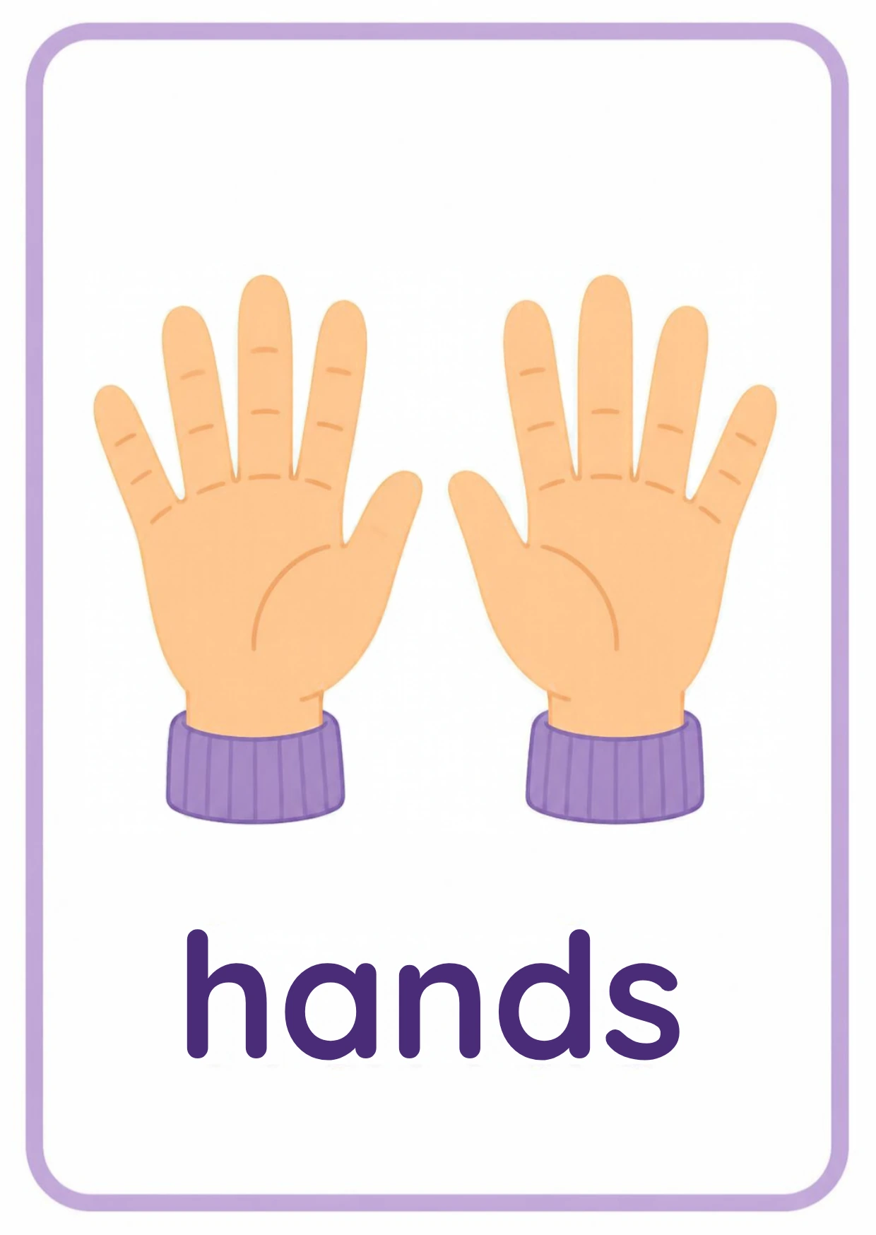 Body parts flashcard: two open hands in striped sweater sleeves with the word hands, from the Kiddo School body parts and five senses set