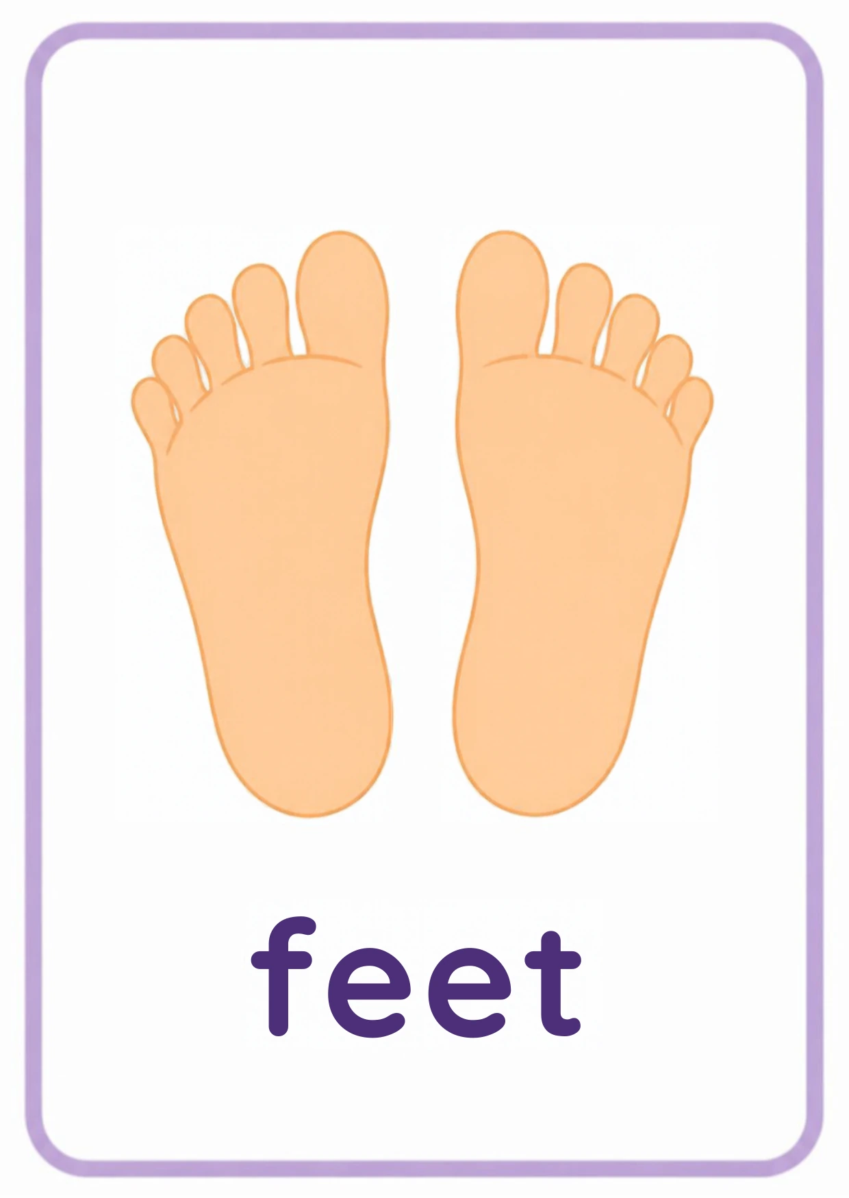 Body parts flashcard: two bare feet with the word feet, from the Kiddo School body parts and five senses set