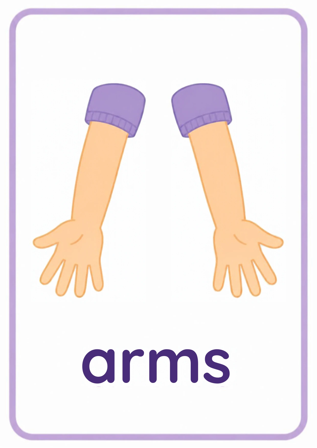 Body parts flashcard: two arms with open hands reaching down from purple sleeves with the word arms, from the Kiddo School body parts and five senses set
