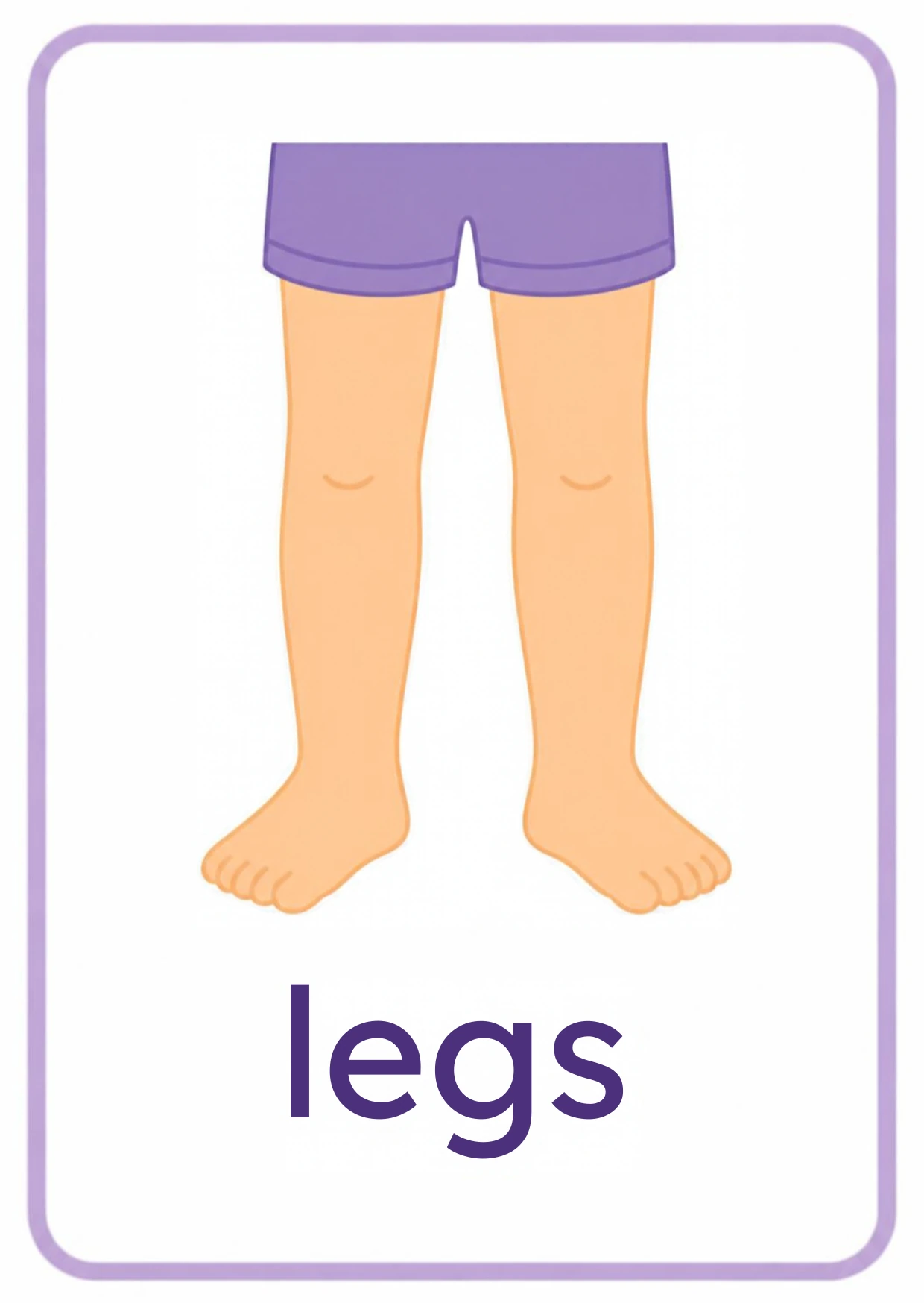 Body parts flashcard: two legs in purple shorts with the word legs, from the Kiddo School body parts and five senses set