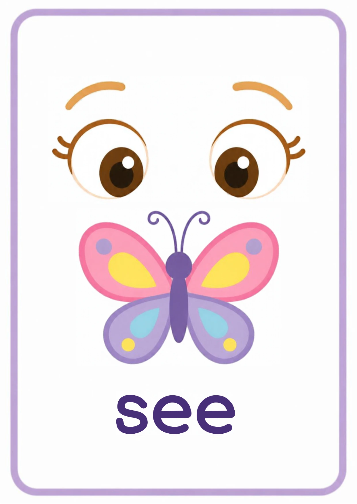 Five senses flashcard: a pair of eyes with a butterfly landing near them and the word see, from the Kiddo School body parts and five senses set