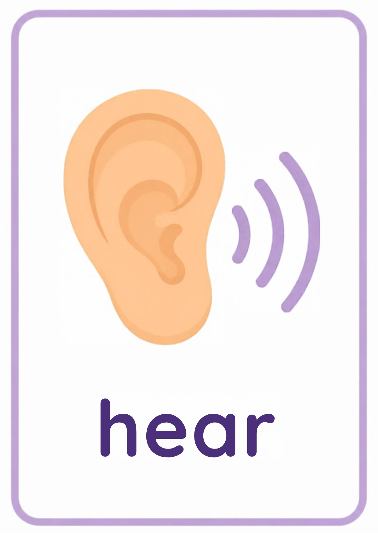 Five senses flashcard: an ear with purple sound waves and the word hear, from the Kiddo School body parts and five senses set