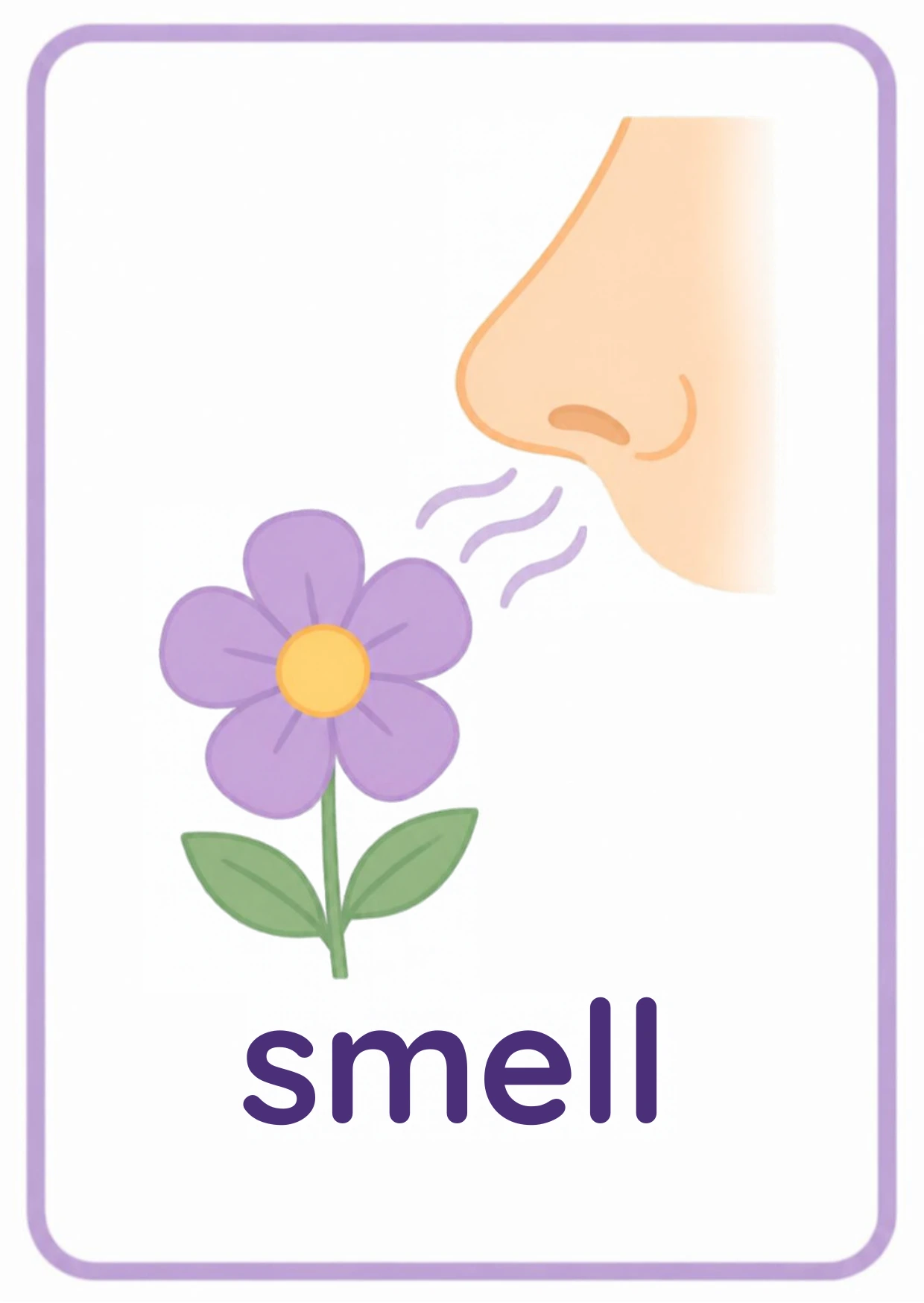 Five senses flashcard: a nose sniffing a purple flower with the word smell, from the Kiddo School body parts and five senses set