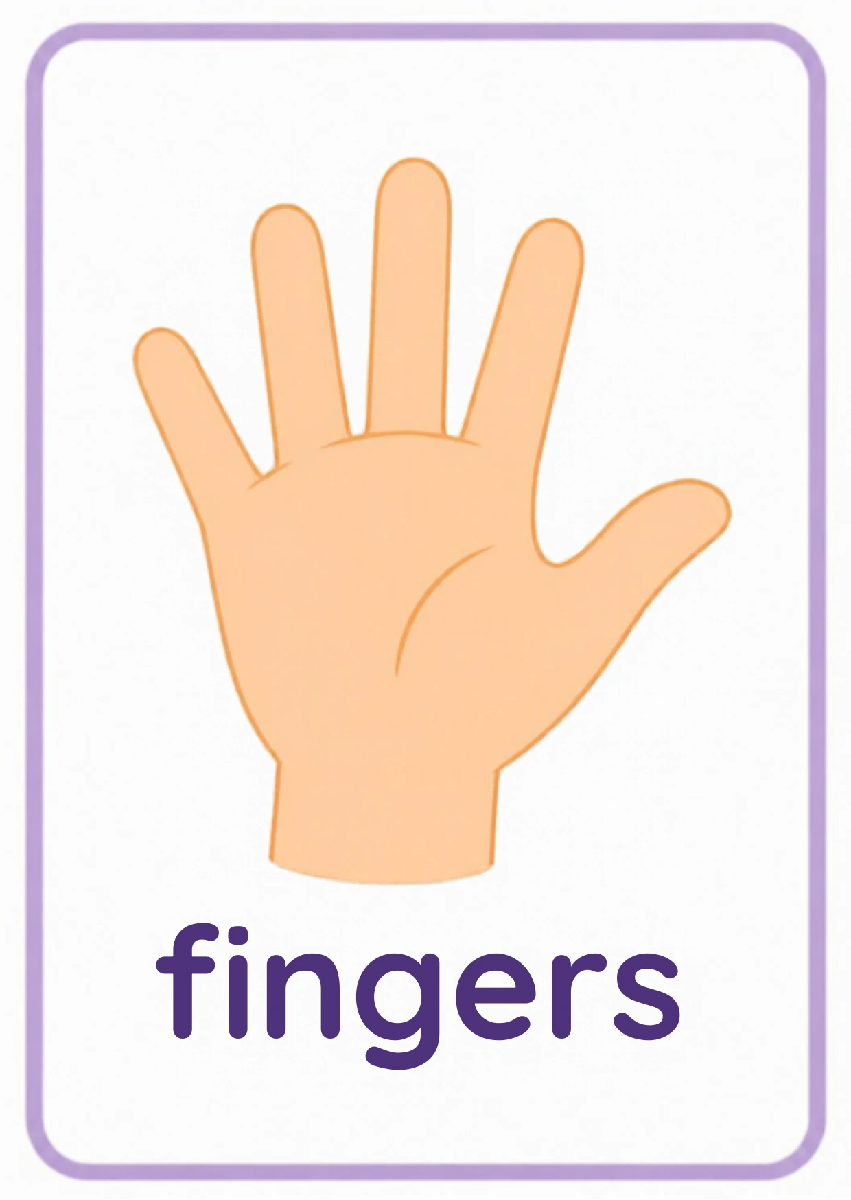 Body parts flashcard: an open hand showing all five fingers with the word fingers, from the Kiddo School body parts and five senses set