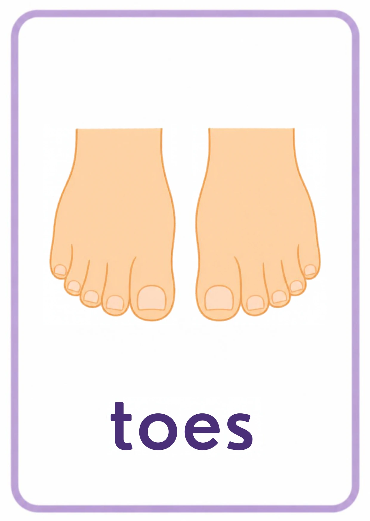 Body parts flashcard: ten little toes with the word toes, from the Kiddo School body parts and five senses set
