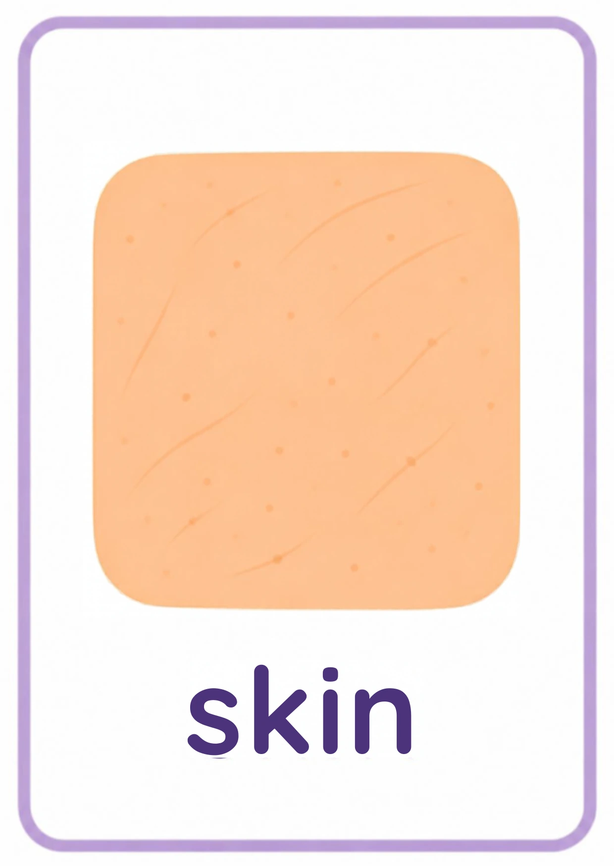 Five senses flashcard: a close-up patch of skin with the word skin, from the Kiddo School body parts and five senses set