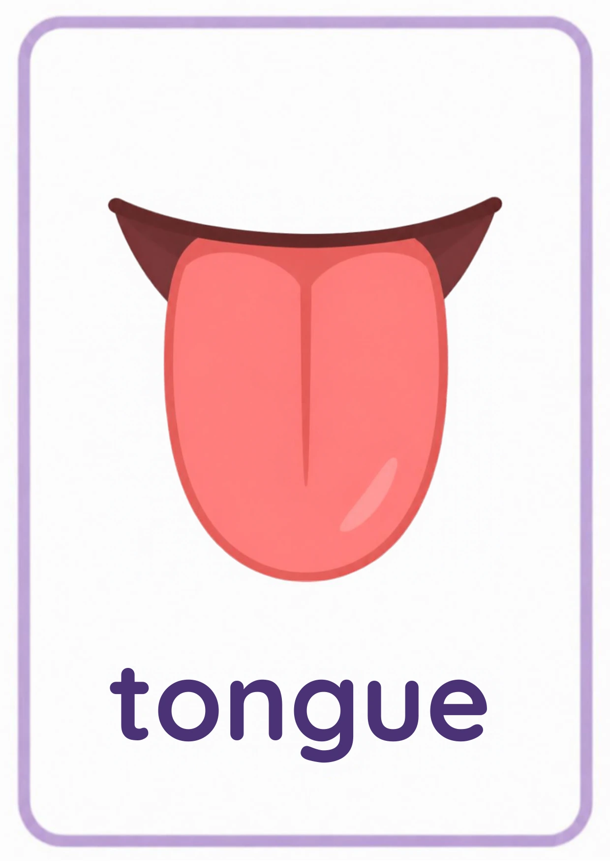 Body parts flashcard: an open mouth with the tongue sticking out with the word tongue, from the Kiddo School body parts and five senses set