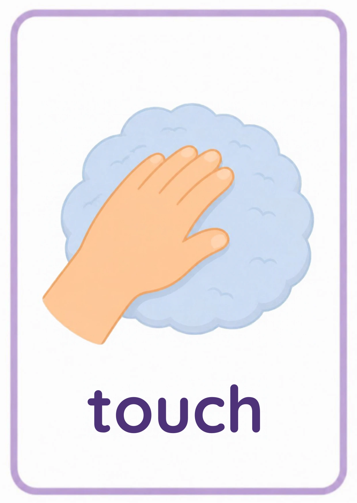 Five senses flashcard: a hand gently touching something soft and blue with the word touch, from the Kiddo School body parts and five senses set