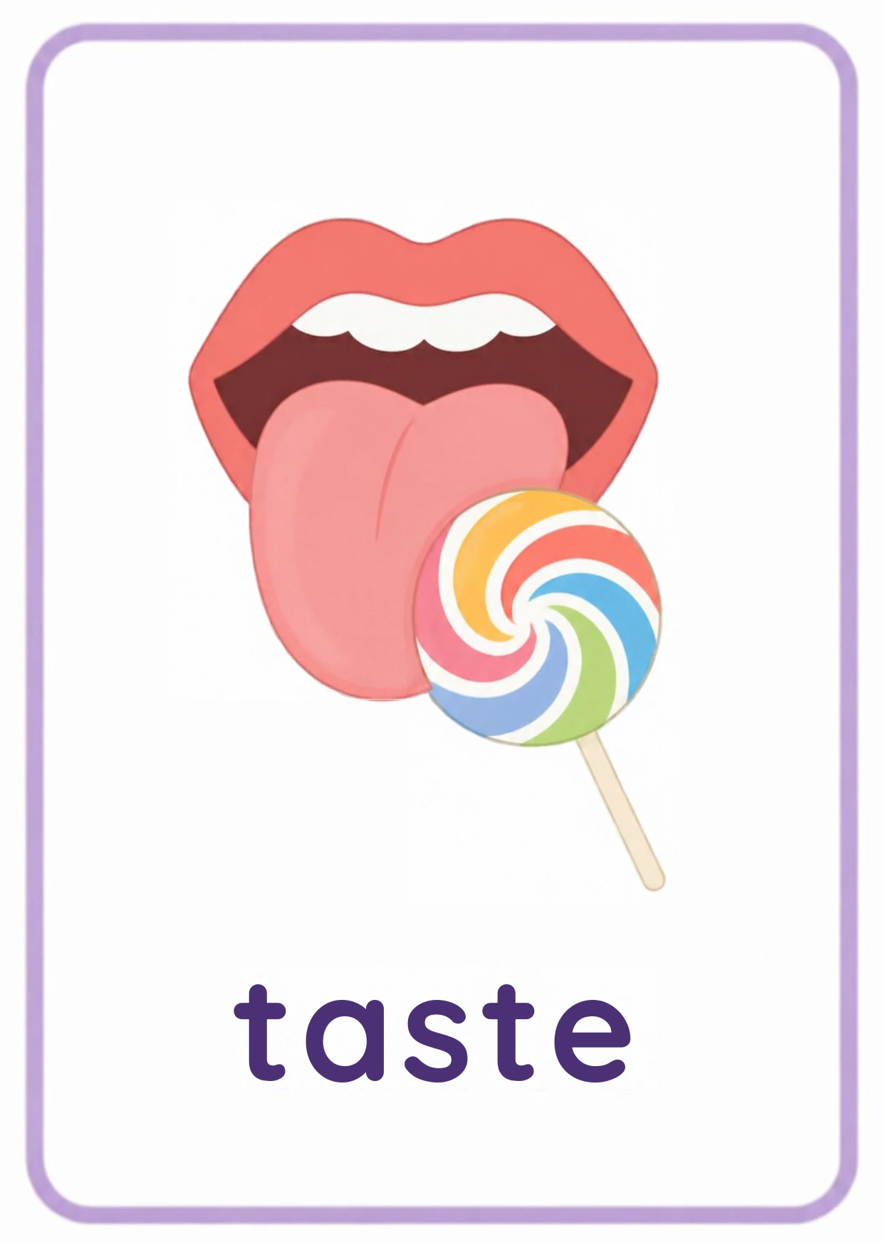 Five senses flashcard: a mouth with the tongue out tasting a lollipop with the word taste, from the Kiddo School body parts and five senses set