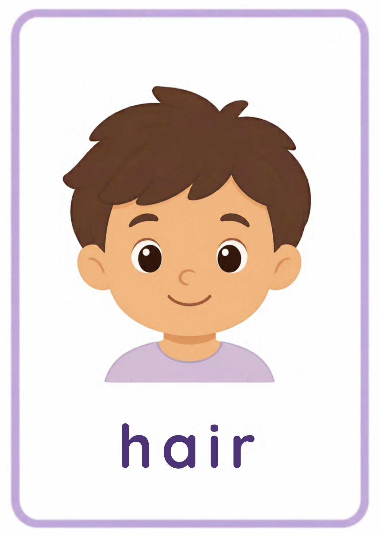 Body parts flashcard: a boy with dark hair with the word hair, from the Kiddo School body parts and five senses set