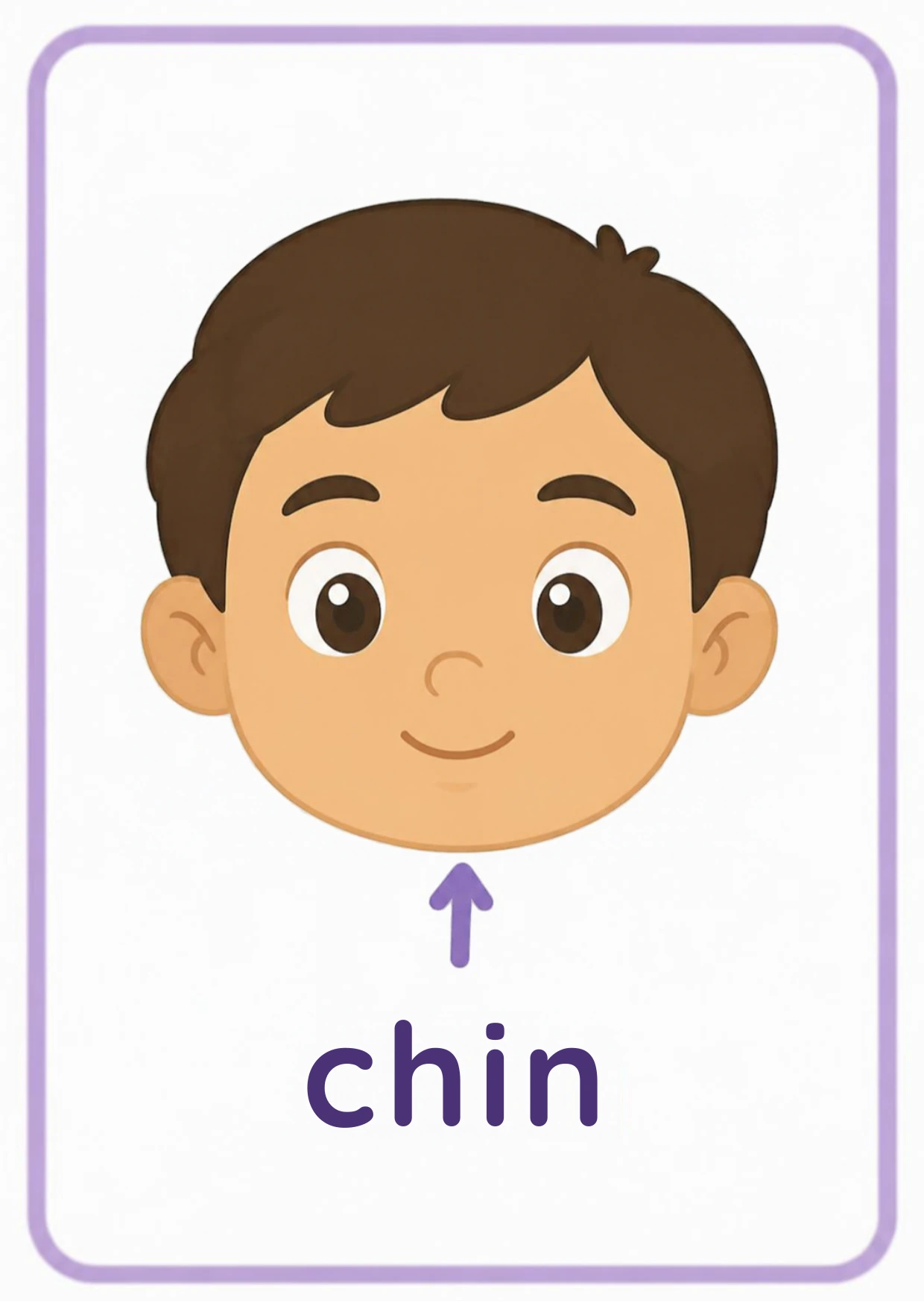 Body parts flashcard: a boy’s face with an arrow pointing to his chin with the word chin, from the Kiddo School body parts and five senses set