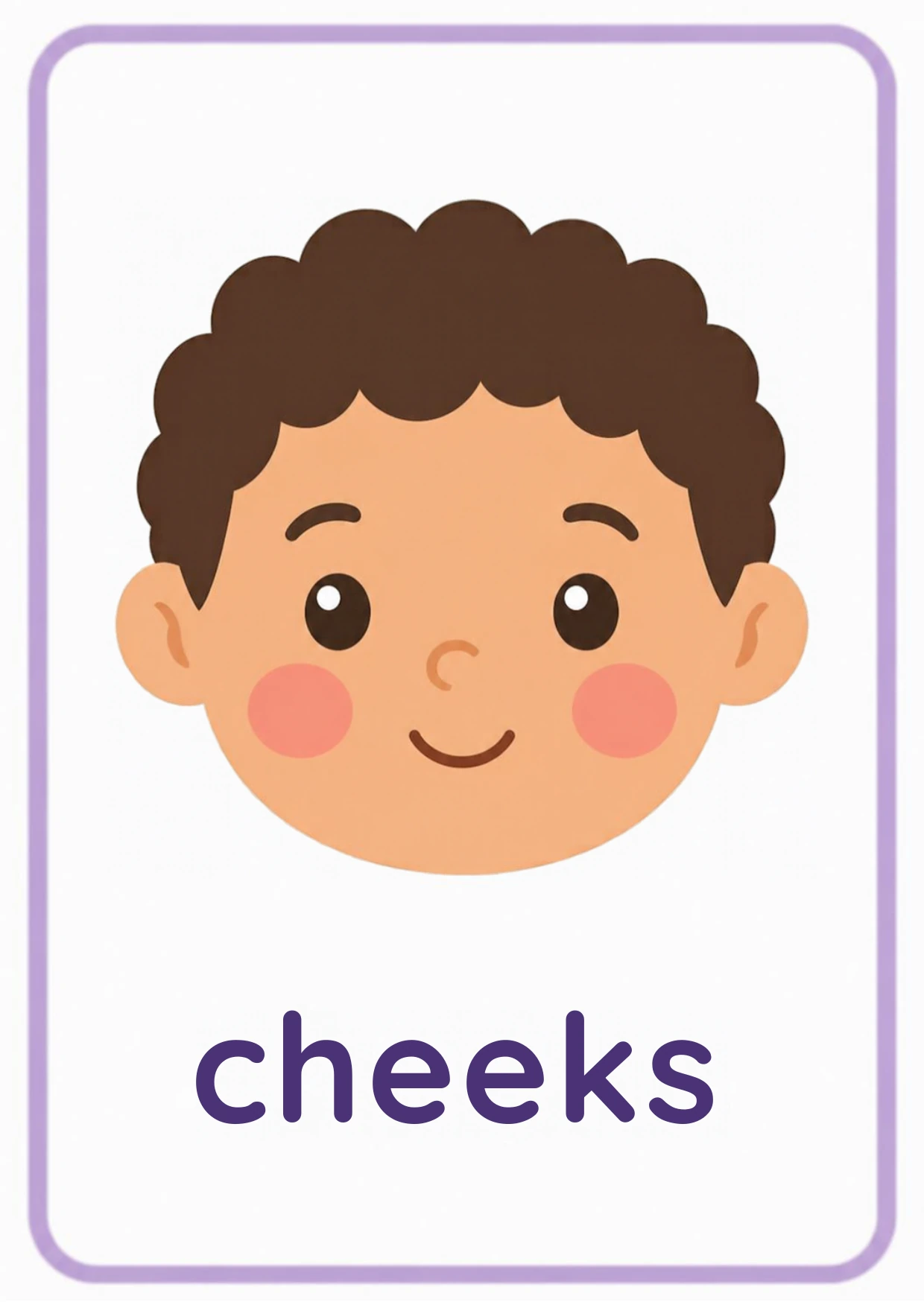 Body parts flashcard: a smiling face with rosy cheeks with the word cheeks, from the Kiddo School body parts and five senses set