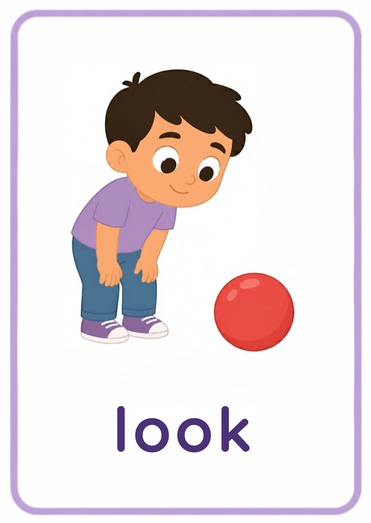 Five senses flashcard: a boy bending down to look closely at a red ball with the word look, from the Kiddo School body parts and five senses set