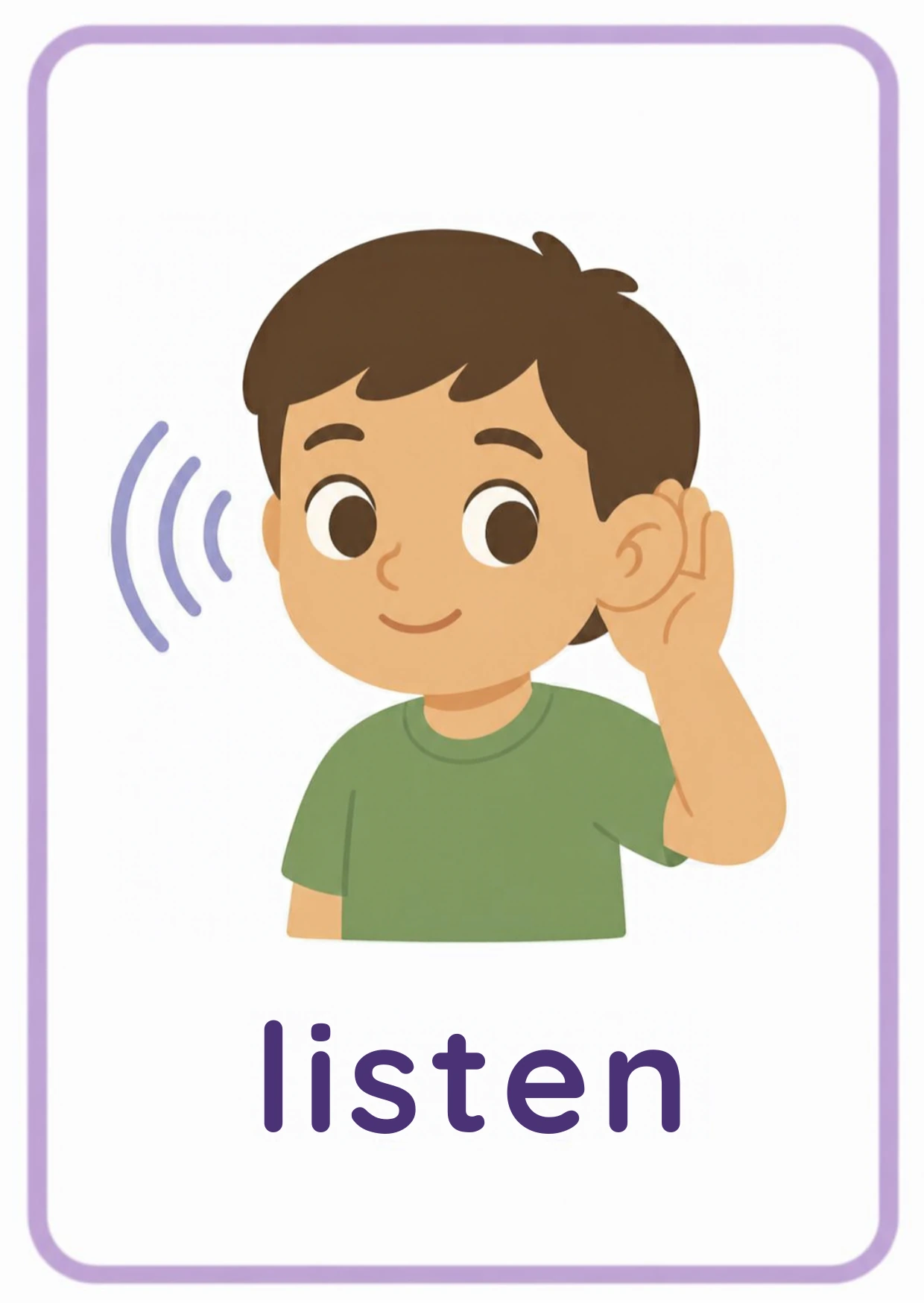 Five senses flashcard: a boy cupping his hand behind his ear to listen with the word listen, from the Kiddo School body parts and five senses set
