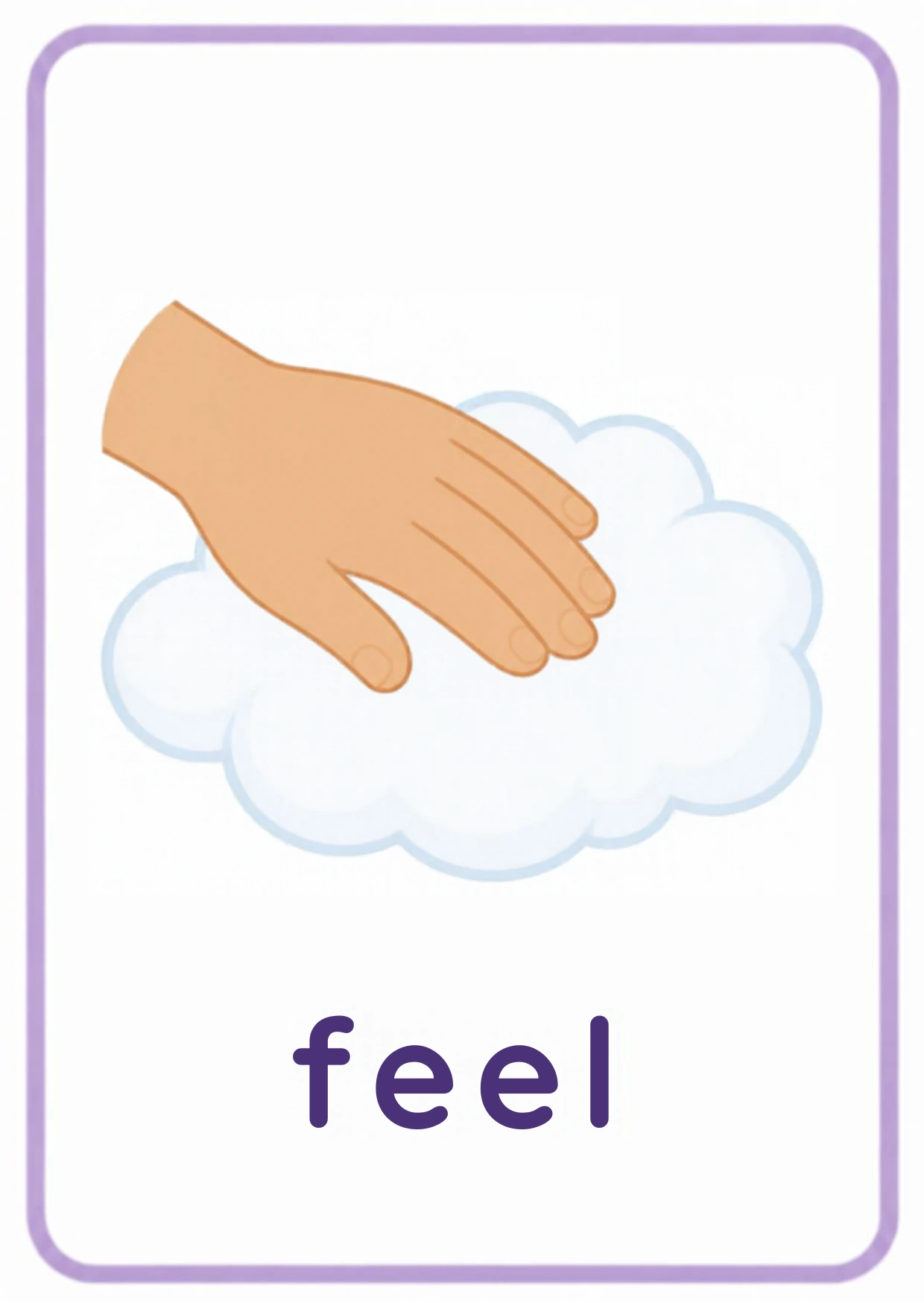 Five senses flashcard: a hand feeling something soft and white with the word feel, from the Kiddo School body parts and five senses set