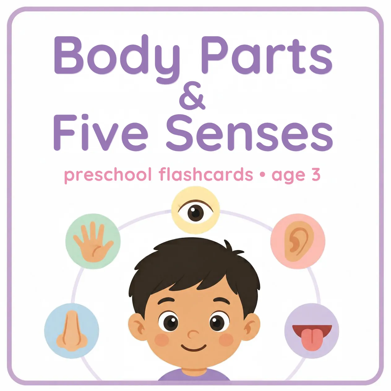 Cover of the Body Parts & Five Senses flashcards set: a smiling child surrounded by the five sense icons — an eye, an ear, a hand, a nose and a tongue — under the words Body Parts & Five Senses