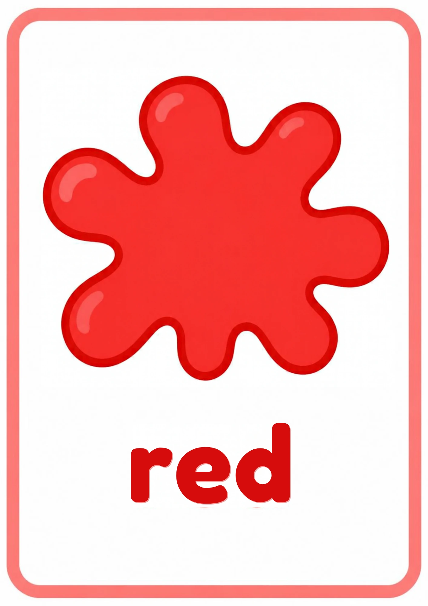 Red color splash flashcard: one big red paint splash with the word red, from the Kiddo School colors set