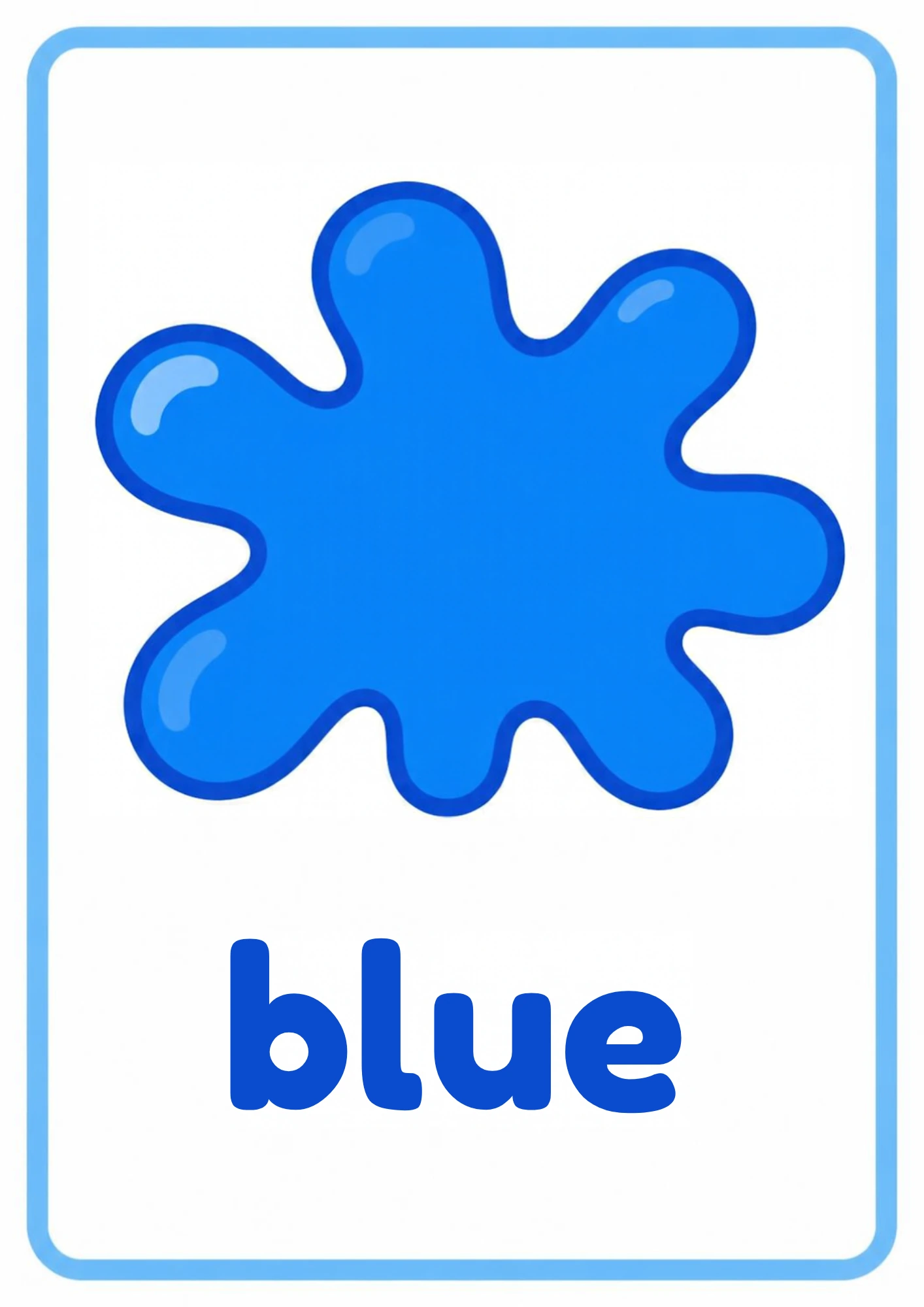 Blue color splash flashcard: one big blue paint splash with the word blue, from the Kiddo School colors set
