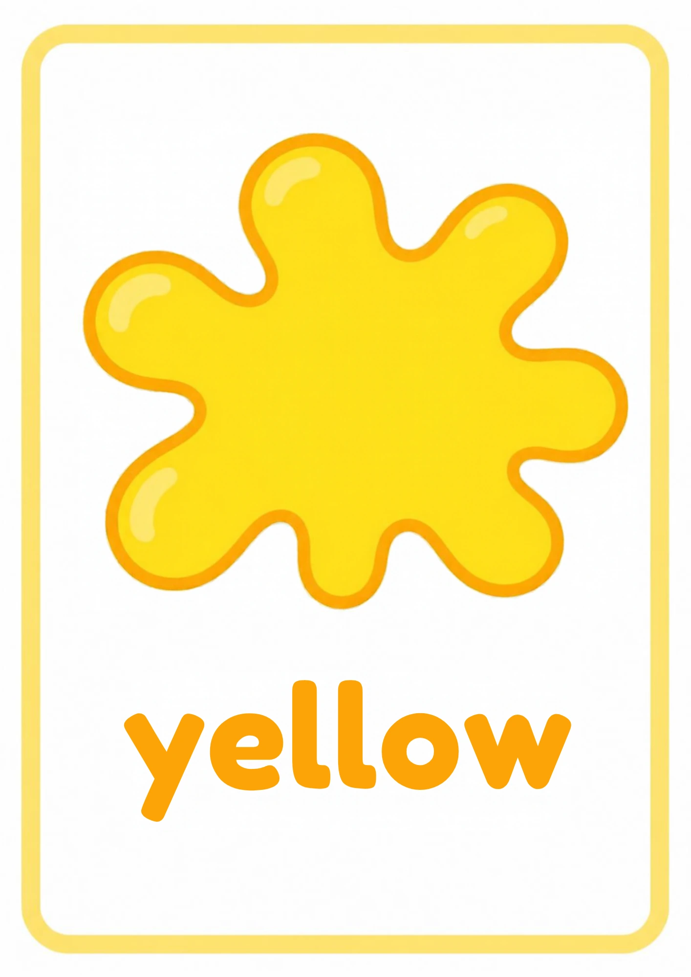 Yellow color splash flashcard: one big yellow paint splash with the word yellow, from the Kiddo School colors set