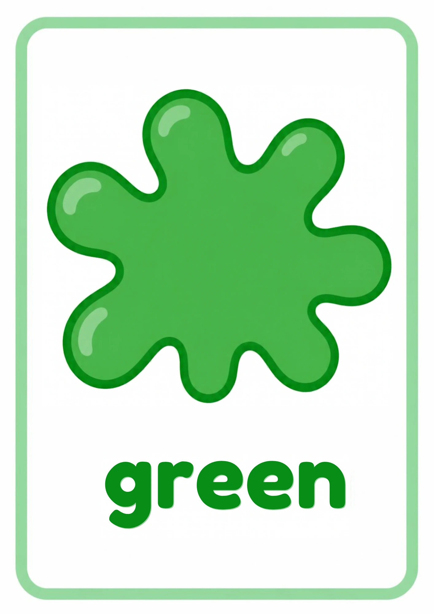 Green color splash flashcard: one big green paint splash with the word green, from the Kiddo School colors set