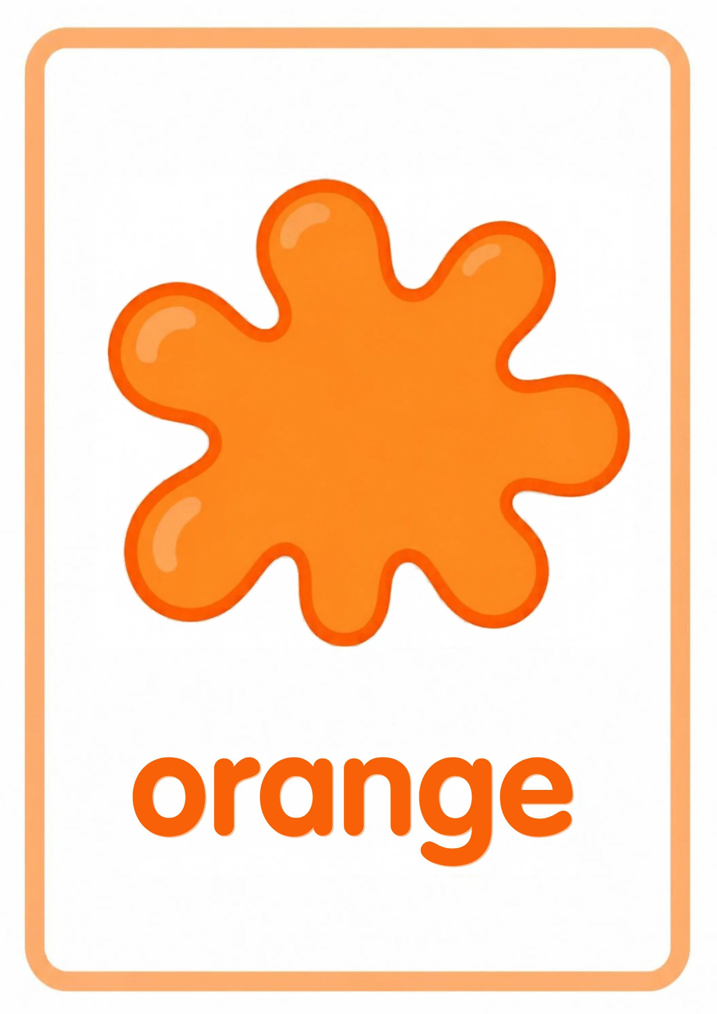 Orange color splash flashcard: one big orange paint splash with the word orange, from the Kiddo School colors set