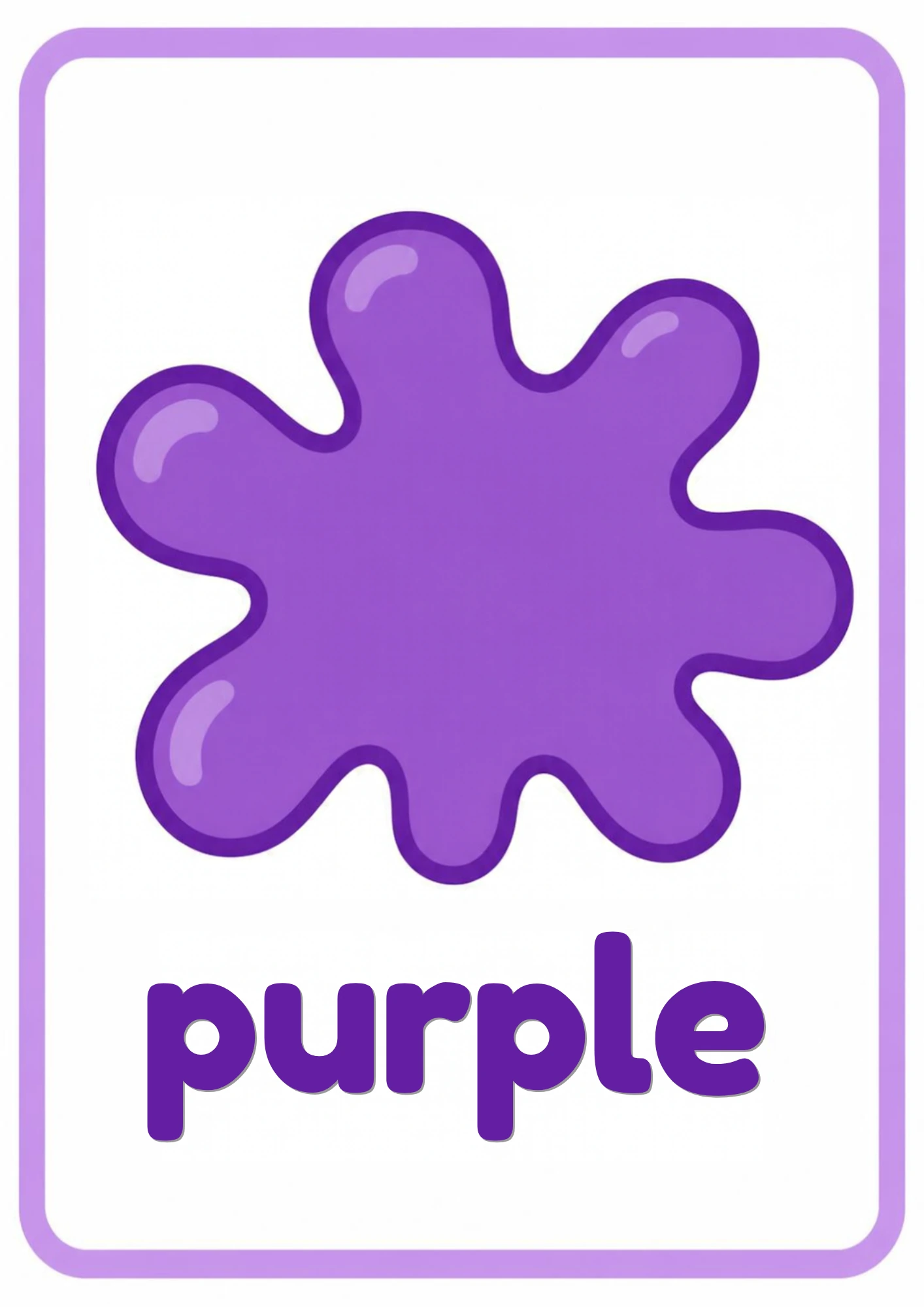 Purple color splash flashcard: one big purple paint splash with the word purple, from the Kiddo School colors set
