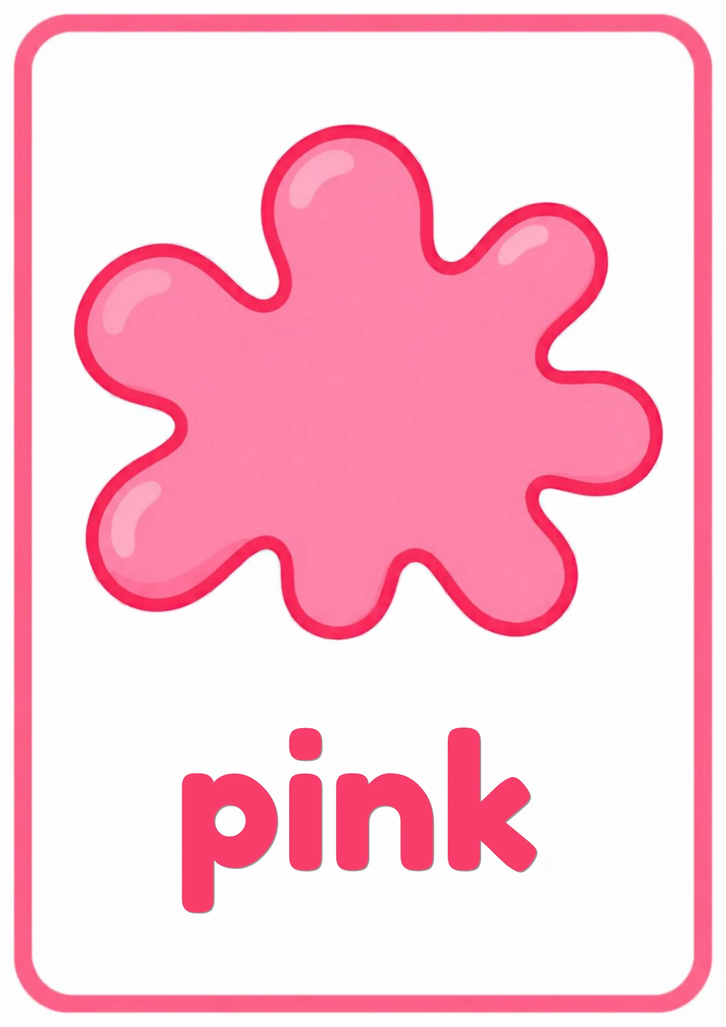 Pink color splash flashcard: one big pink paint splash with the word pink, from the Kiddo School colors set