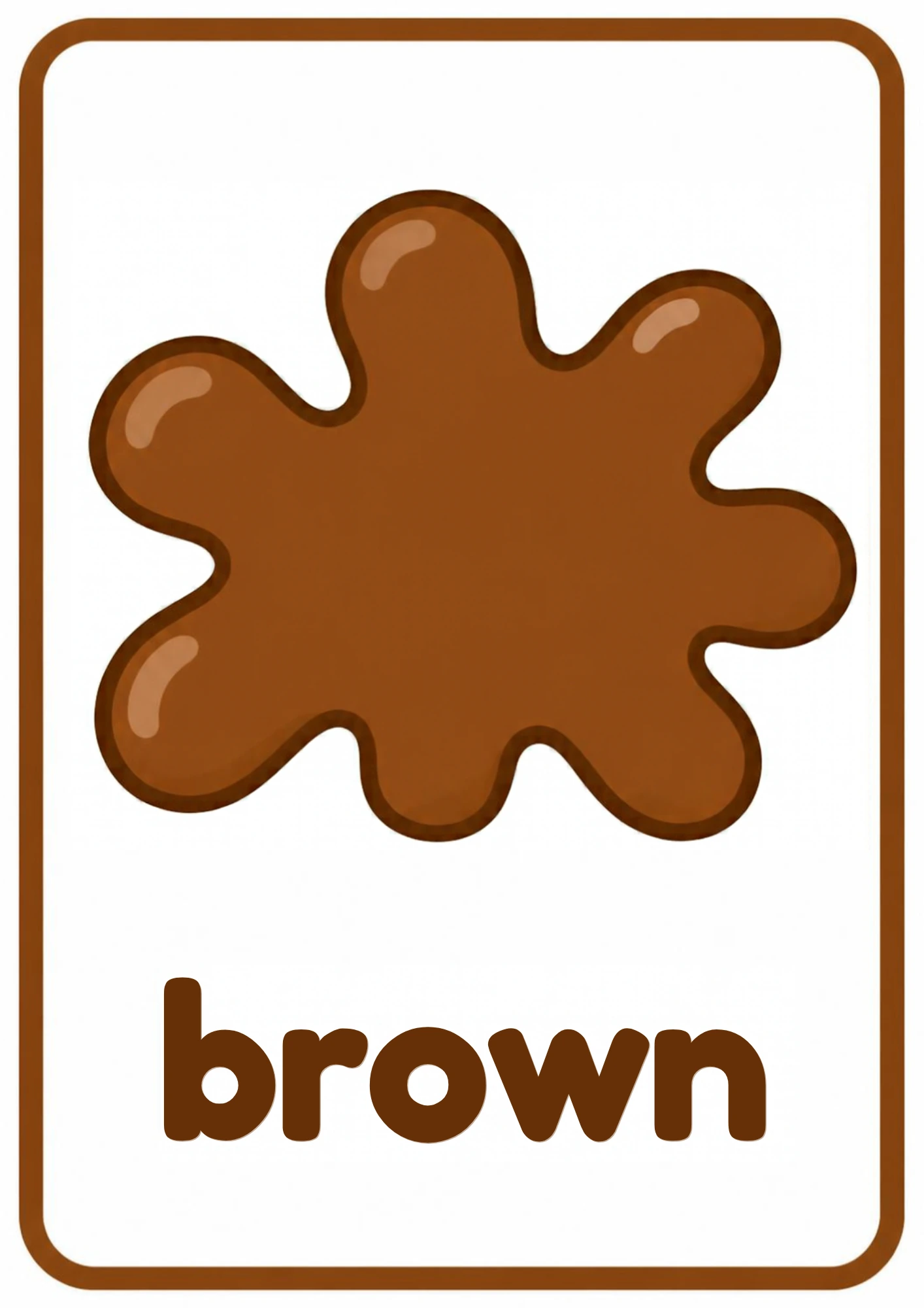 Brown color splash flashcard: one big brown paint splash with the word brown, from the Kiddo School colors set