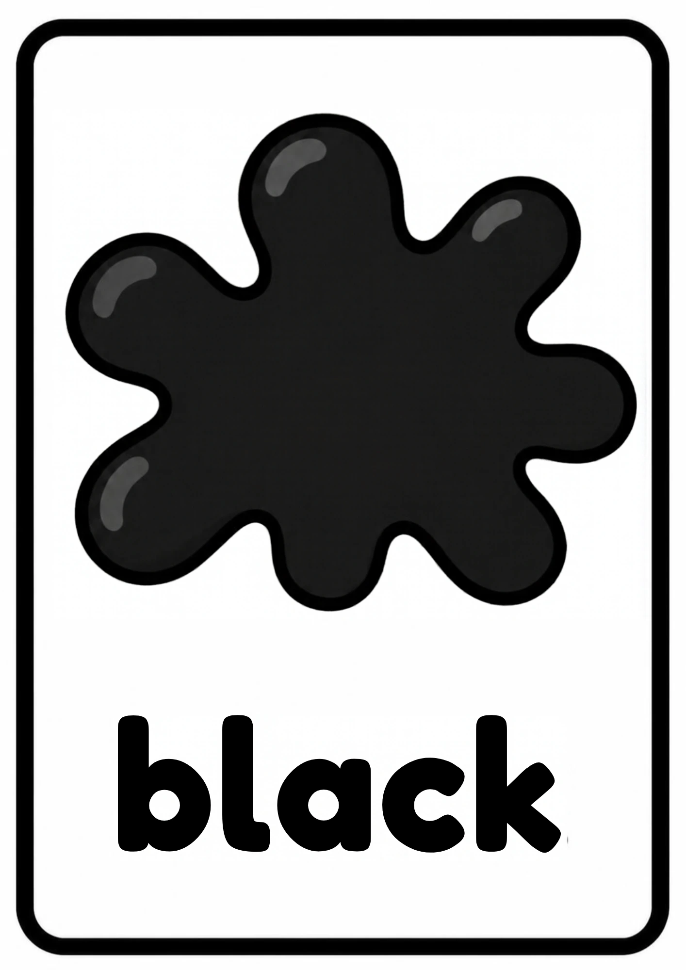 Black color splash flashcard: one big black paint splash with the word black, from the Kiddo School colors set