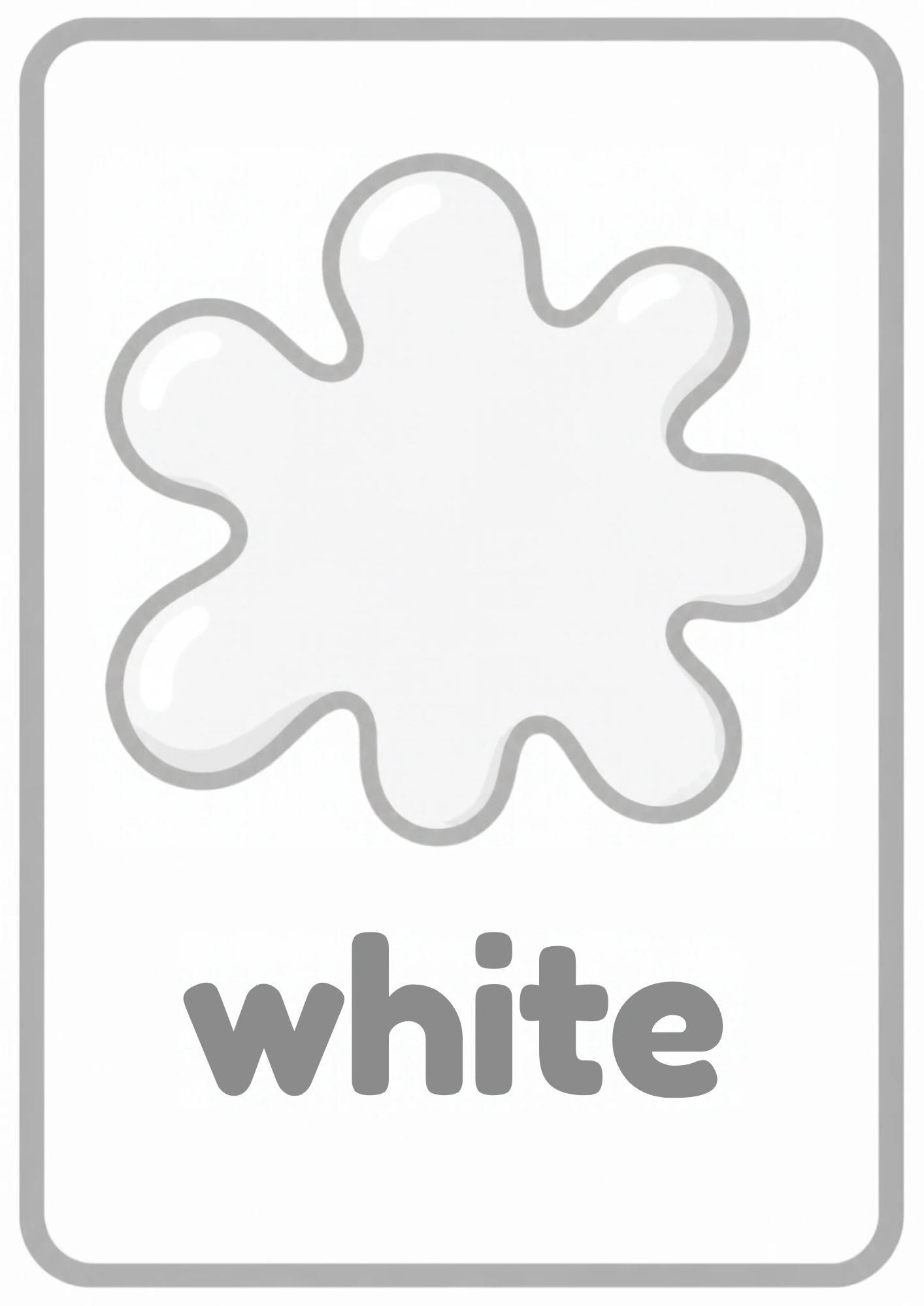 White color splash flashcard: one big white paint splash with the word white, from the Kiddo School colors set