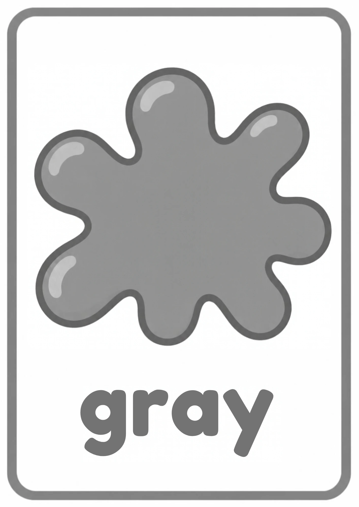 Gray color splash flashcard: one big gray paint splash with the word gray, from the Kiddo School colors set